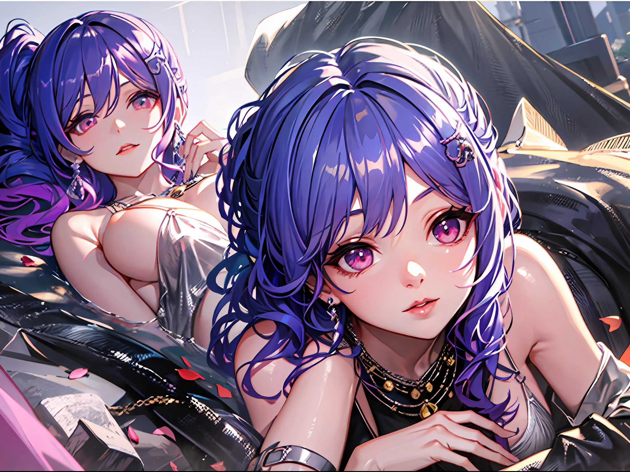 realisticlying,2 girls lying on the seashore,Green hair,Purple eye,glowing light eyes,Cut the top,a skirt,parted lip,Be red in the face,the night,fresh flowers,suns,rays of sunshine,huge tit,Beautiful and moving,