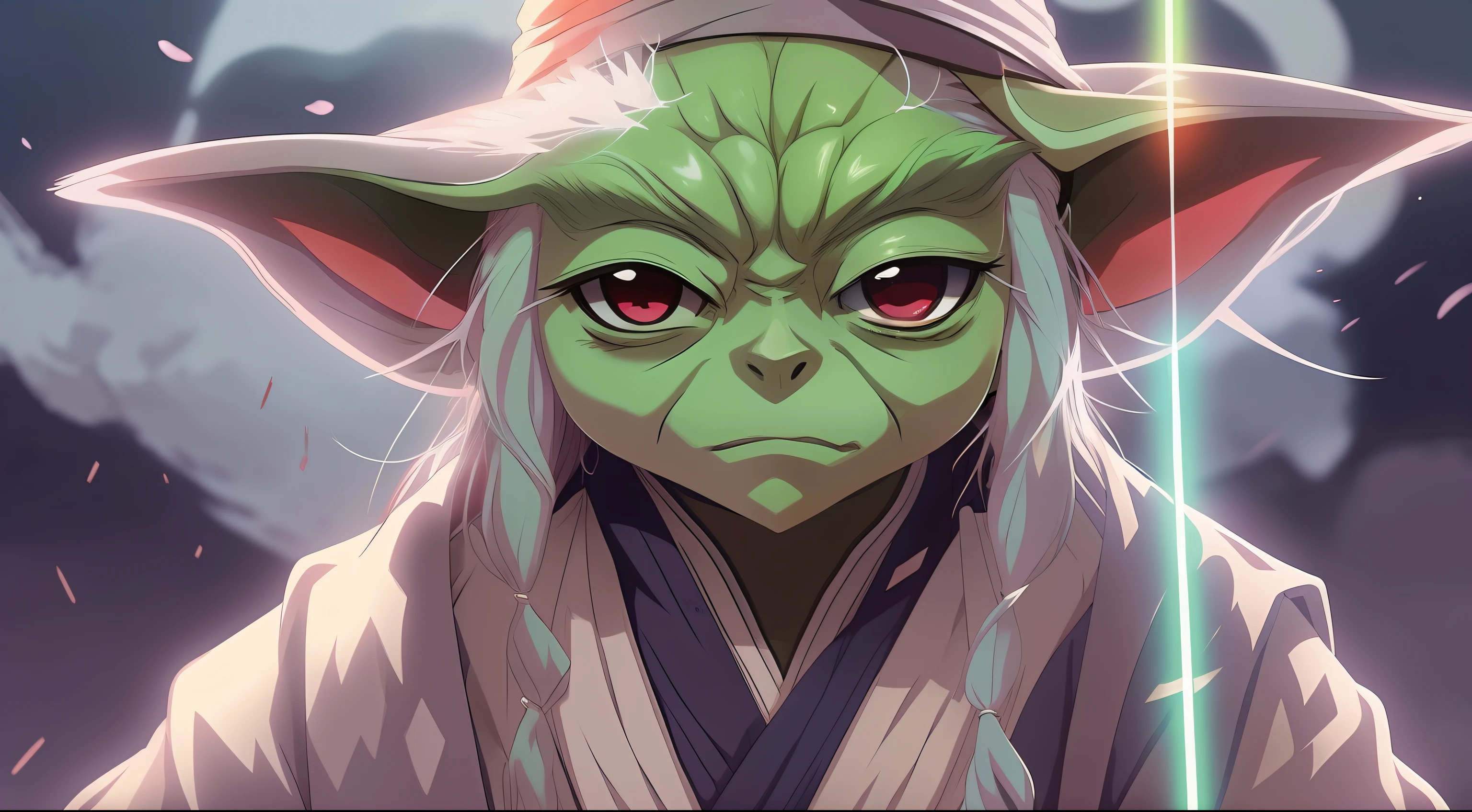 anime Yoda with long gray hair and a hat on, anime style 4 k, badass anime 8 k, portrait of Yoda anime hero, ayaka genshin impact, splash art anime loli, manly anime Yoda , anime Yoda, anime moe artstyle, fierce expression 4k, best anime 4k konachan wallpaper, cushart kenz