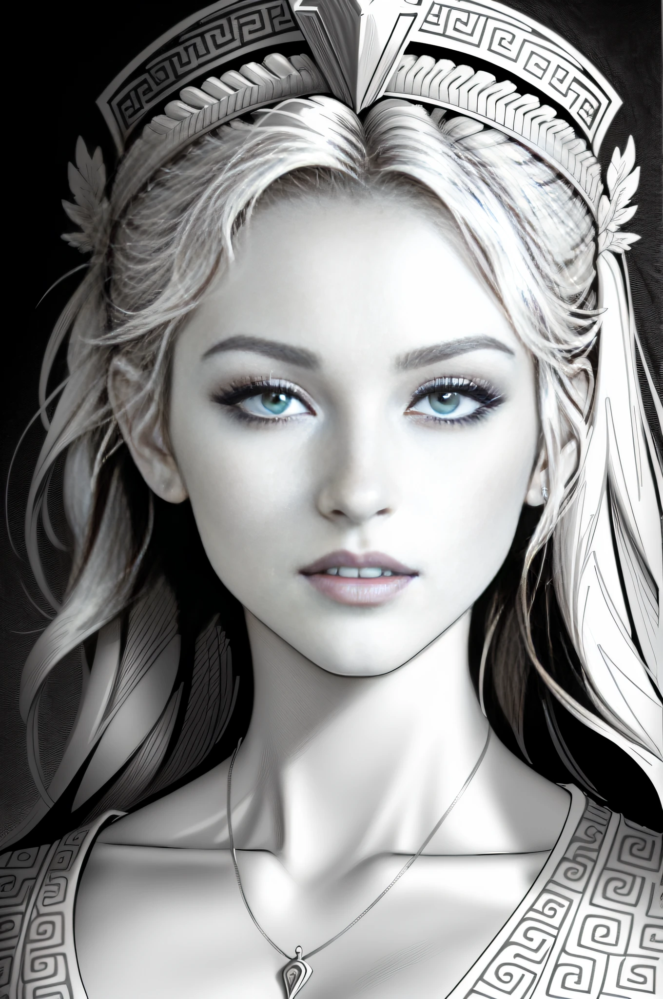 Modern realistic cartoon drawing, grayscale, 20 pixels of blank space on all four sides of the image, reference pose, one female, one woman, one head, full shot, full portrait, adult coloring page, greek Goddess, female goddess, Wisdom,Transformation, lined Drawing, Coloring page, digital art gerald brom, 300 dpi, High quality print