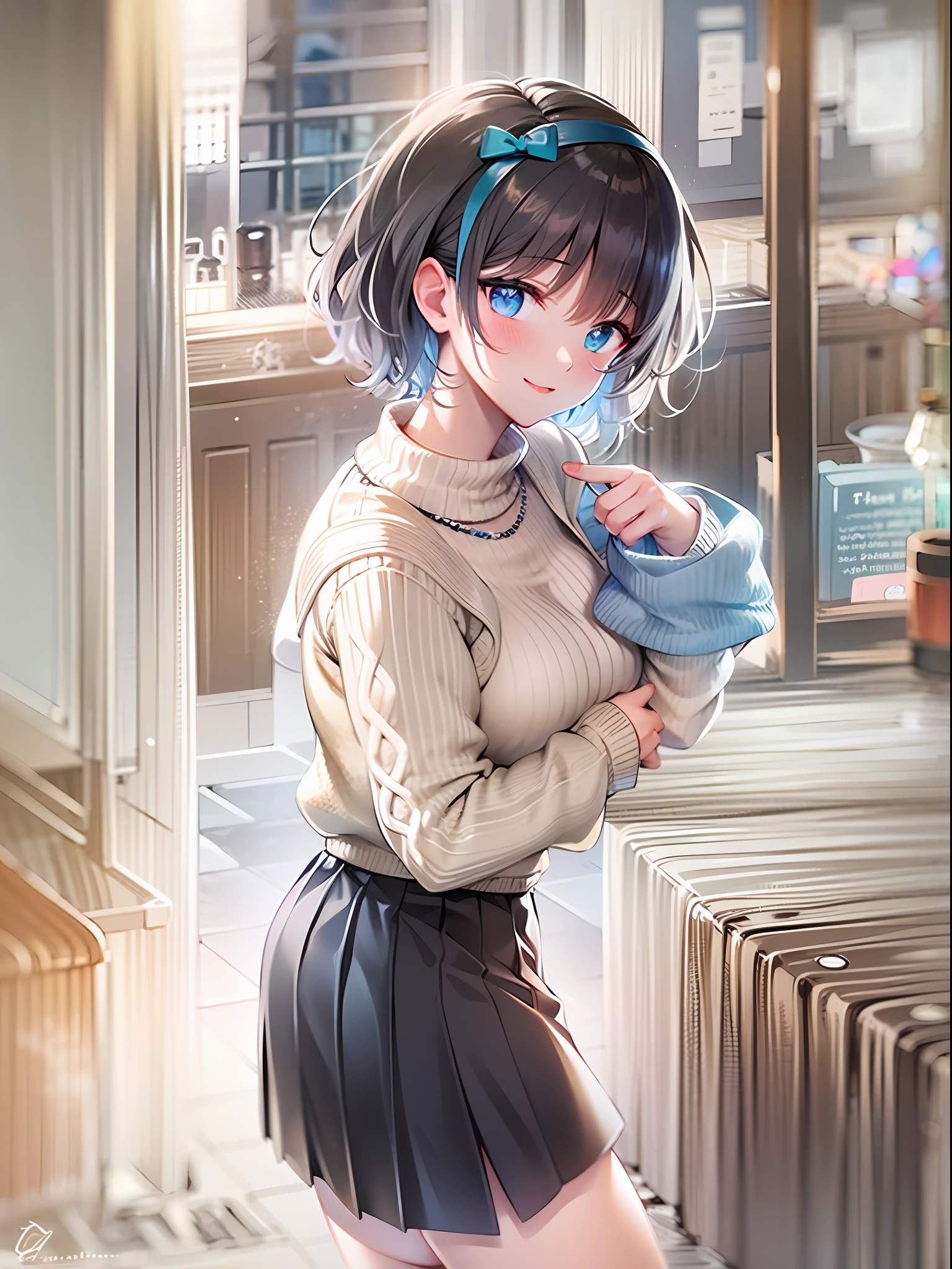 masterpiece, best quality, highres, 1girl, solo, jewelry, skirt, sweater, necklace, black skirt, black hair, short hair, ribbed sweater, socks, turtleneck sweater, turtleneck, white socks, blue eyes,  long sleeves, pleated skirt, ribbon, breasts, bow, hair ribbon, hairband, hair bow, bangs, large breasts, white sweater, sarashina ruka, smile,