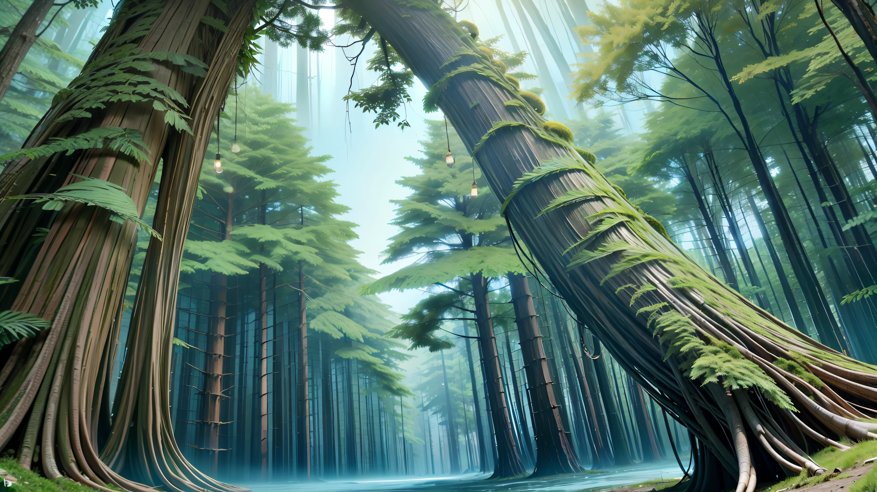 (dense forest, big trees, wildlife),(vibrant colors, amazing lighting, detail