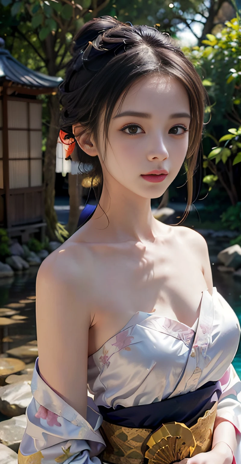 pond, feudal japanese architecture, female, woman, sensual, erotic, looking at viewer, romantic, loving, affectionate, facing viewer, colorful, long hair, (hair up in perfect bun:1.3), (asian:1.3), hair clips, hair bands, ribbons, twilight blue, sparkling silver, galaxy purple, black velvet, cherry blossom park, sakura trees, pink petals, outdoors, standing, (covering breasts:1.4), (hand on breast:1.3), (sunset, dusk:1.25), (silk kimono robe:1.5), (sash:1.3), (bare shoulders:1.4), (strapless:1.3), (delicate embroidery:1.1), elegant, draped, (revealing:0.8), (art by Noah Bradley:1.4), (hand on own chest:1.3), (adult:1.4), petite, slim waist, small breasts, fcHeatPortrait, (medium shot:1.3), lewd, risque, skimpy, scantily clad, cleavage, (grabbing own breast:1.3), (masterpiece:1.2), subsurface scattering, heavy shadow, (high quality:1.4), golden ratio, (intricate, high detail:1.2)