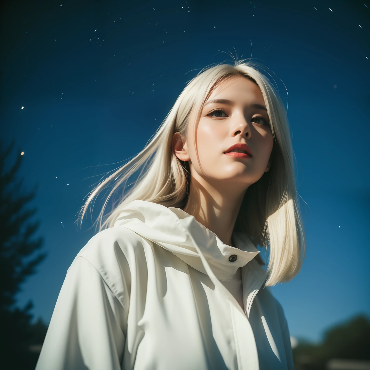 1girl,star_\(sky\), starry_sky, night, shooting_star, night_sky, space, milky_way, 1girl, sky, mecha, long_hair, weapon, snowing, galaxy, light_particles, constellation, space_craft, aurora, white_hair, armor, photography, masterpiece, best quality, 8K, HDR, highres, absurdres:1.2, Kodak portra 400, film grain, blurry background, bokeh:1.2, lens flare, (vibrant color:1.2),gril.
