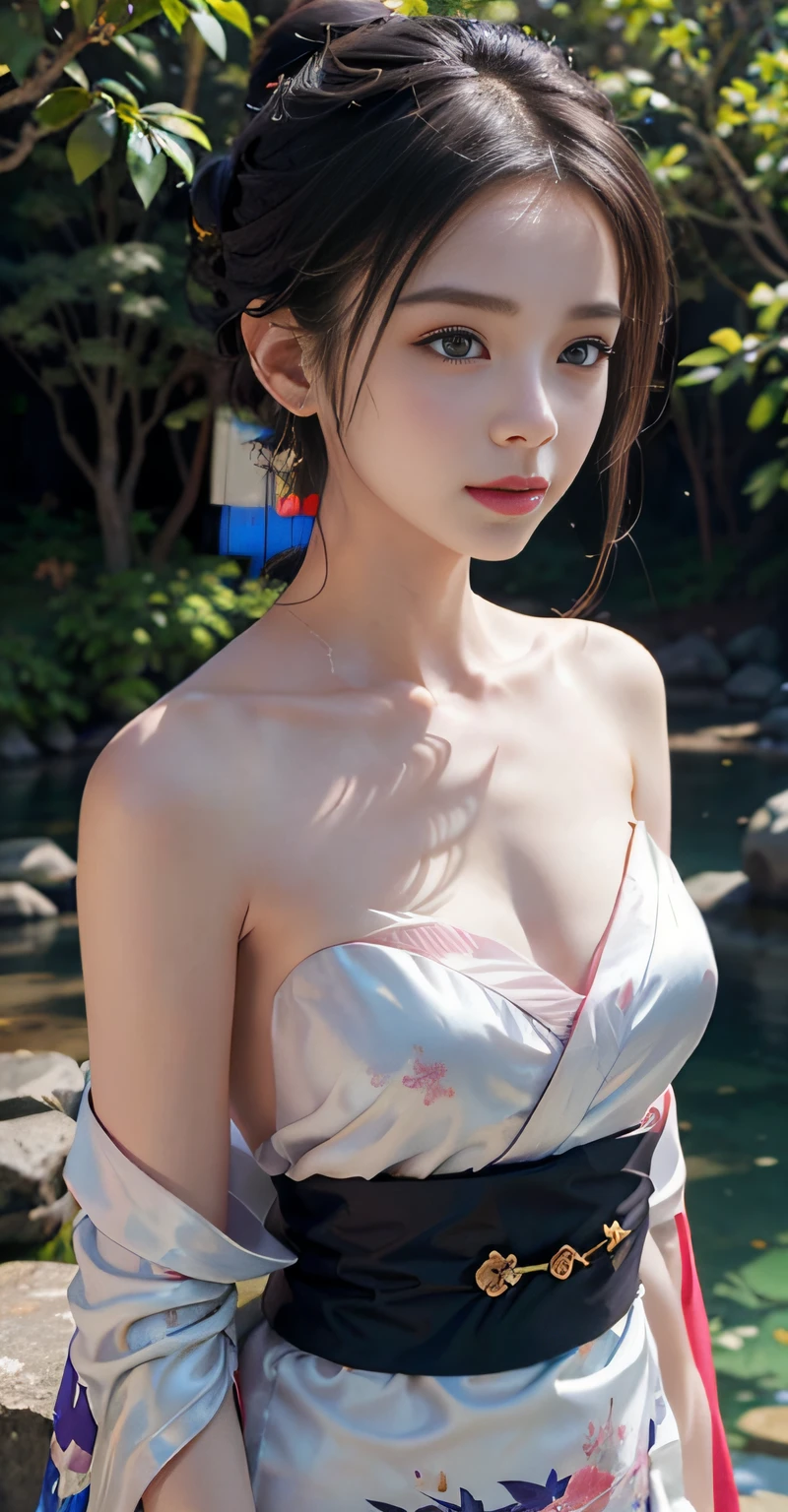 pond, feudal japanese architecture, female, woman, sensual, erotic, looking at viewer, romantic, loving, affectionate, facing viewer, colorful, long hair, (hair up in perfect bun:1.3), (asian:1.3), hair clips, hair bands, ribbons, twilight blue, sparkling silver, galaxy purple, black velvet, cherry blossom park, sakura trees, pink petals, outdoors, standing, (covering breasts:1.4), (hand on breast:1.3), (sunset, dusk:1.25), (silk kimono robe:1.5), (sash:1.3), (bare shoulders:1.4), (strapless:1.3), (delicate embroidery:1.1), elegant, draped, (revealing:0.8), (art by Noah Bradley:1.4), (hand on own chest:1.3), (adult:1.4), petite, slim waist, small breasts, fcHeatPortrait, (medium shot:1.3), lewd, risque, skimpy, scantily clad, cleavage, (grabbing own breast:1.3), (masterpiece:1.2), subsurface scattering, heavy shadow, (high quality:1.4), golden ratio, (intricate, high detail:1.2)