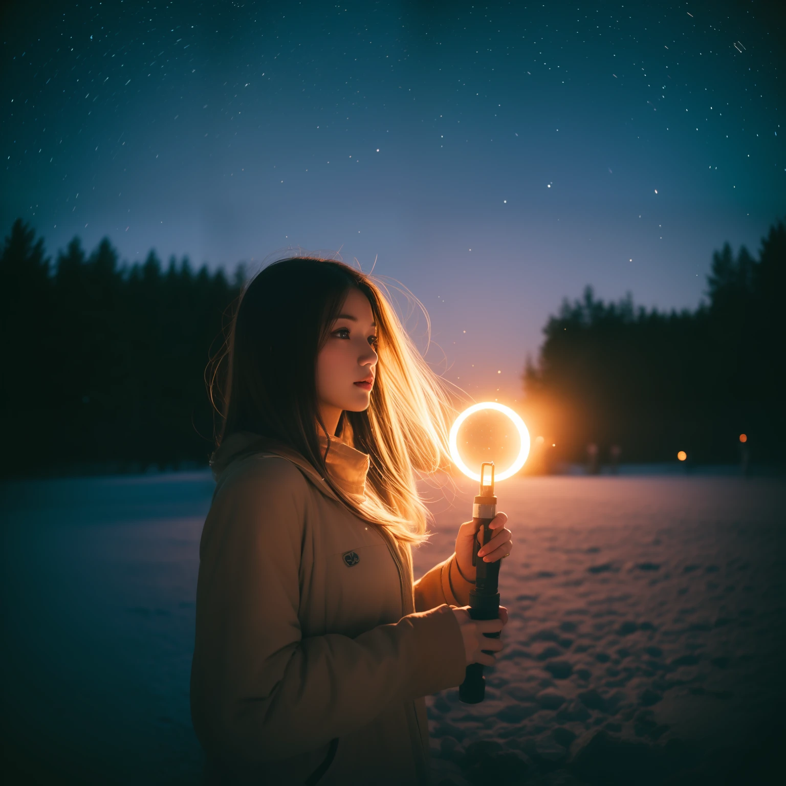 1girl,star_\(sky\), starry_sky, night, shooting_star, night_sky, space, milky_way, 1girl, sky, mecha, long_hair, weapon, snowing, galaxy, light_particles, constellation, space_craft, aurora, white_hair, armor, photography, masterpiece, best quality, 8K, HDR, highres, absurdres:1.2, Kodak portra 400, film grain, blurry background, bokeh:1.2, lens flare, (vibrant color:1.2),gril.