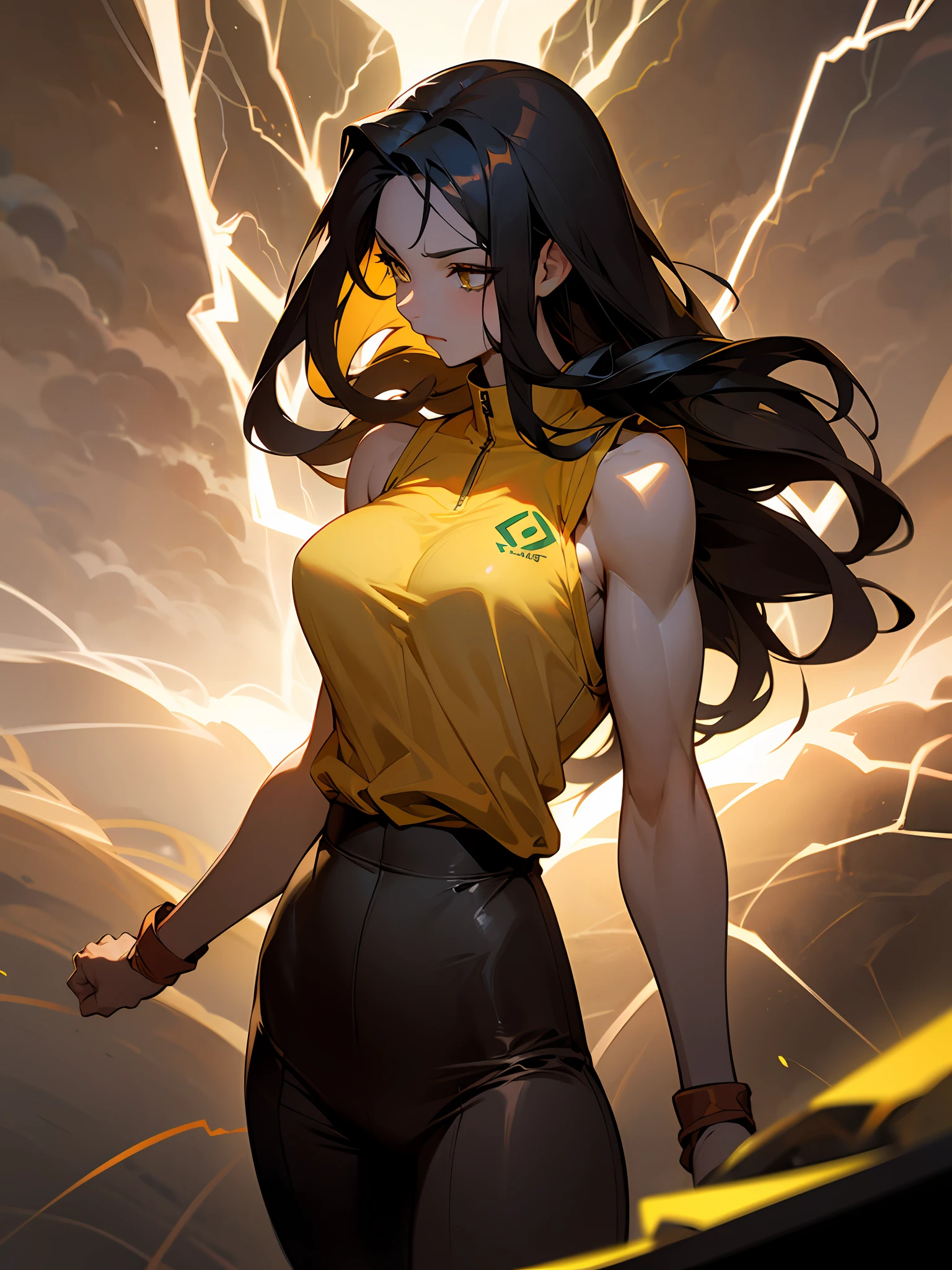 A strong Brazilian woman full of passion，Sepia muscles,Long black hair with hair, wearing a vest, (Yellow lightning effect around her), Large of breast, (A broad posture with an arm bent forward)