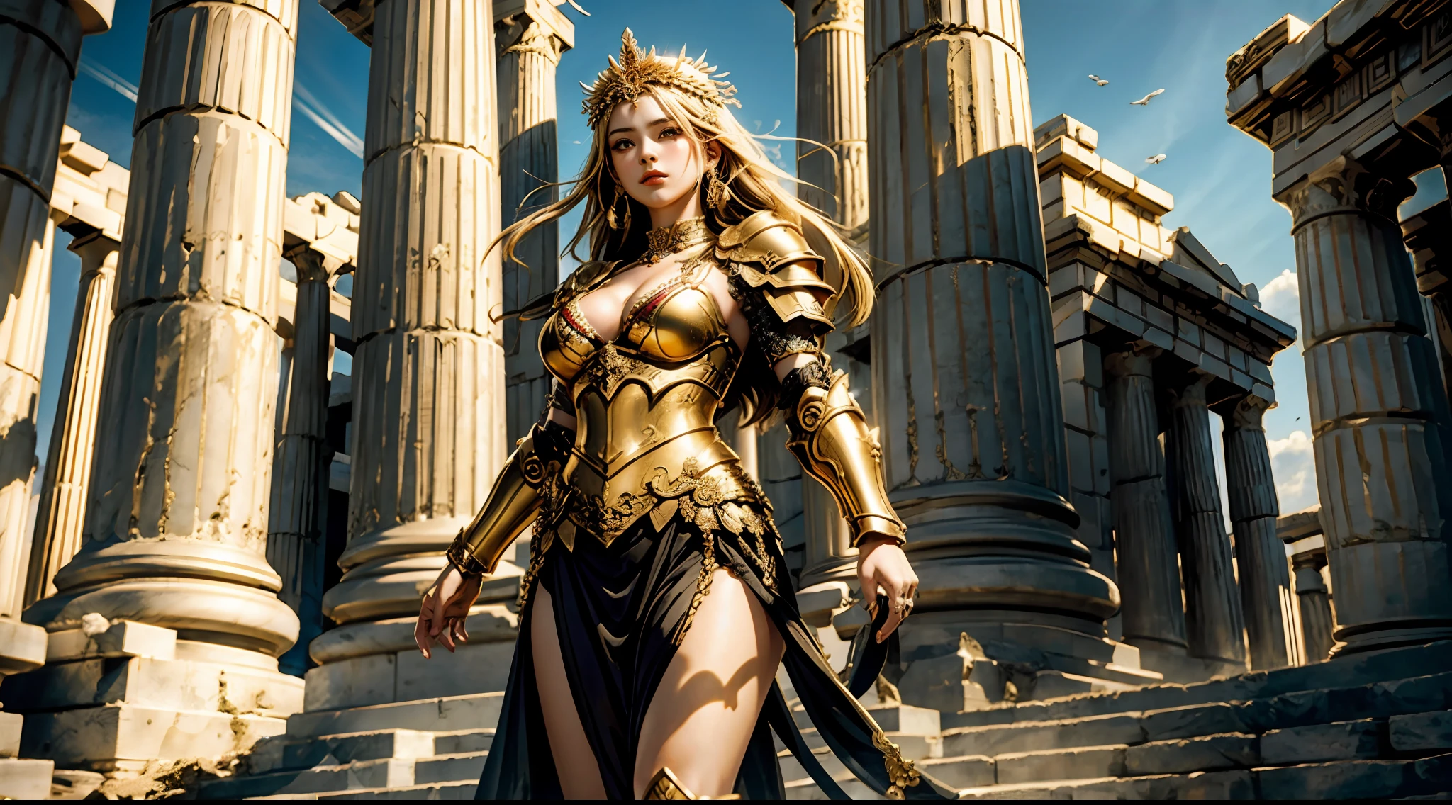 （tmasterpiece）， （best qualtiy：1.4）， [：intricately details：0.2]， Goddess of War，Large breasts，Heavy golden armor，greek temple，dramatics，dynamicposes
