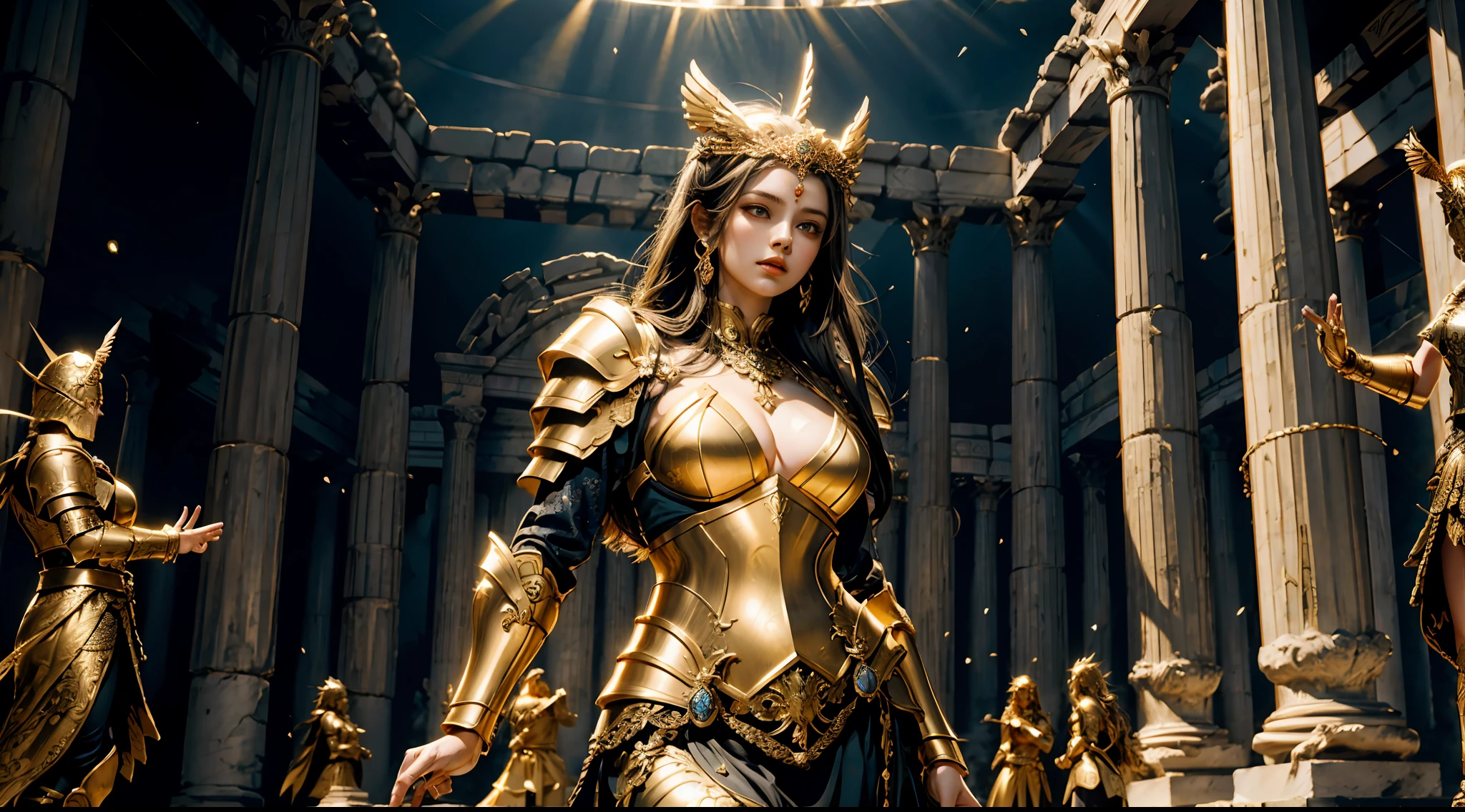 （tmasterpiece）， （best qualtiy：1.4）， [：intricately details：0.2]， Goddess of War，Large breasts，Heavy golden armor，greek temple，dramatics，dynamicposes