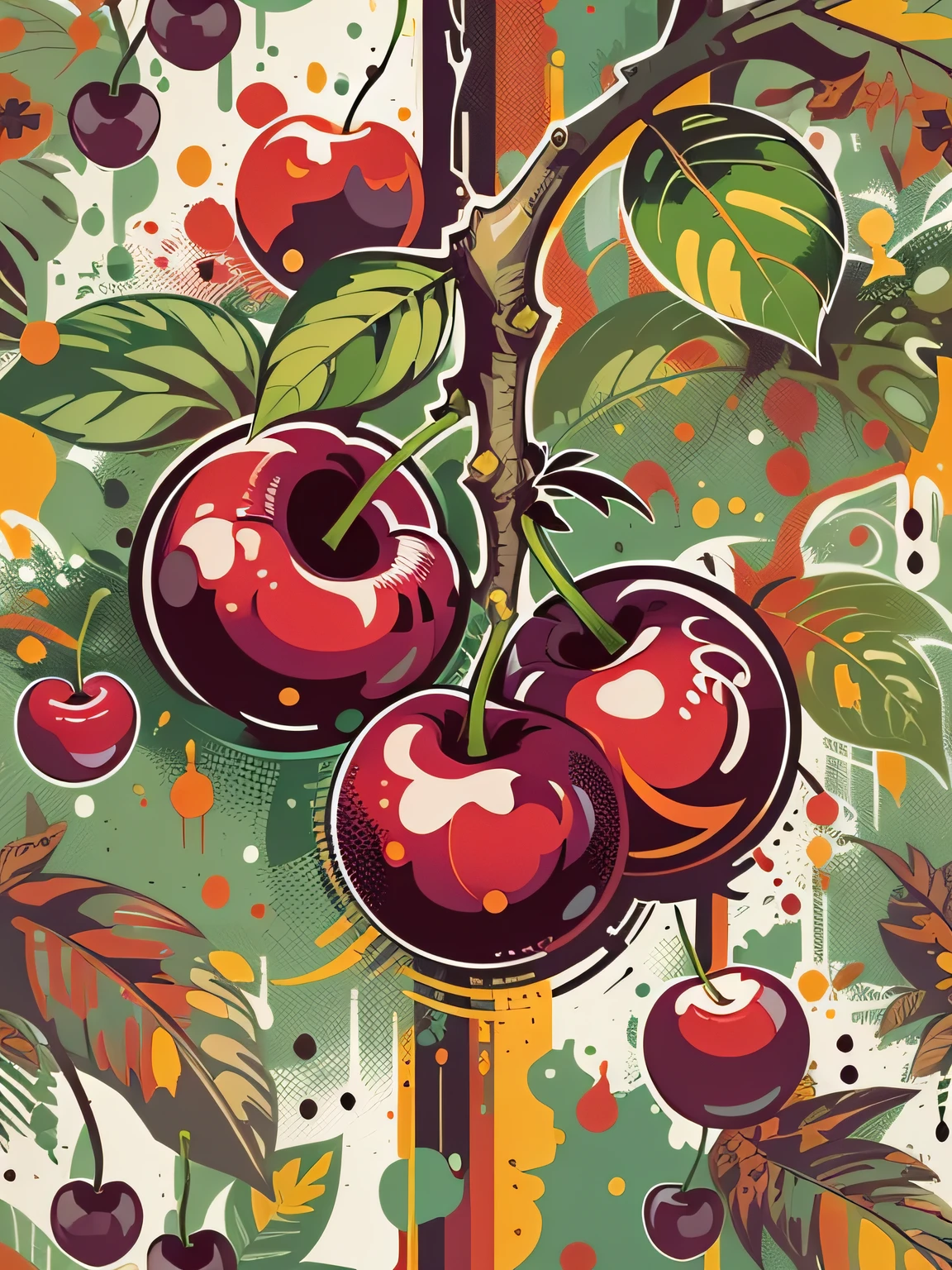 vector art, Colorful graffiti illustration juicy 2 cherries on a branch, in the center, Bright colors, paint splashes and blots, high detail, whitebackground