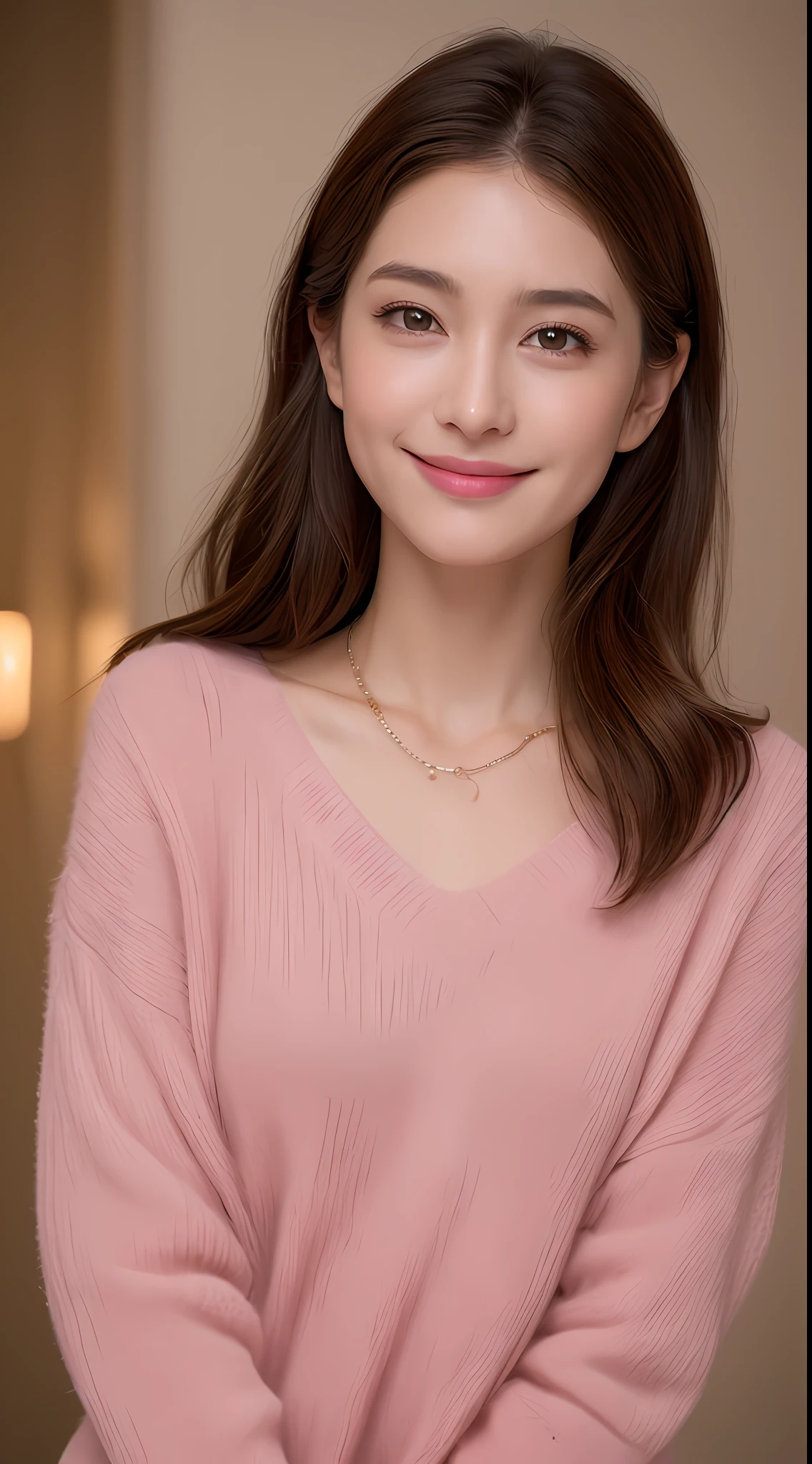 ((Night, Realistic Light, Best Quality, 8K, Masterpiece: 1.3)), 1girl, Slim Beauty: 1.4, Abs: 1.1, (Brown hair, Medium breasts: 1.3), Long pink sweater: 1.1, Bathroom, Super fine face, Delicate eyes, Double eyelids, smile, necklace
