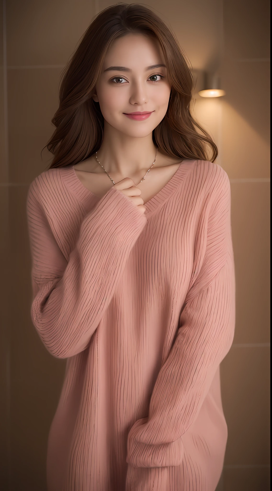 ((Night, Realistic Light, Best Quality, 8K, Masterpiece: 1.3)), 1girl, Slim Beauty: 1.4, Abs: 1.1, (Brown hair, Medium breasts: 1.3), Long pink sweater: 1.1, Bathroom, Super fine face, Delicate eyes, Double eyelids, smile, necklace