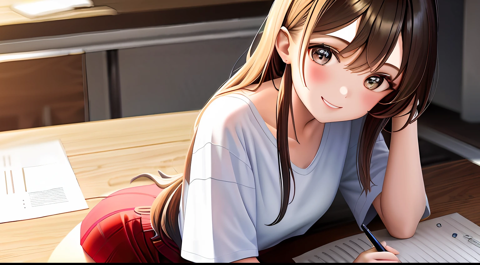 ​masterpiece, top-quality, hight resolution, a 1 girl, Loose white t-shirt、 Girl sitting on chair studying drafting at desk,、Beautie、Appeal、 20 years old、Have good eyes、Unclear、Beautiful fece、A smile