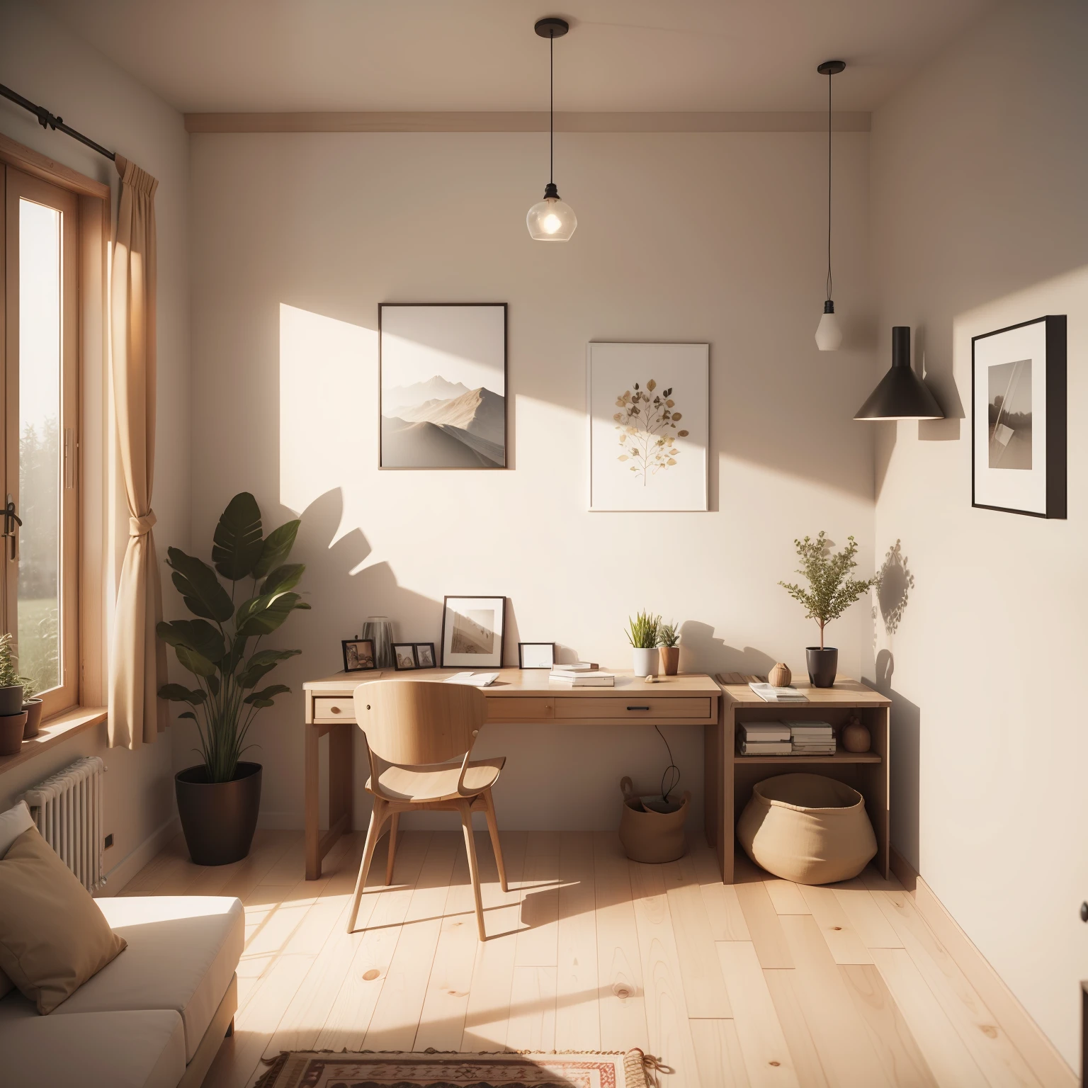 Home mockup, beige room with natural wooden furniture, a single RECTANGULAR
picture frame on wall, Scandi boho style interior background, 3d render, UHD,