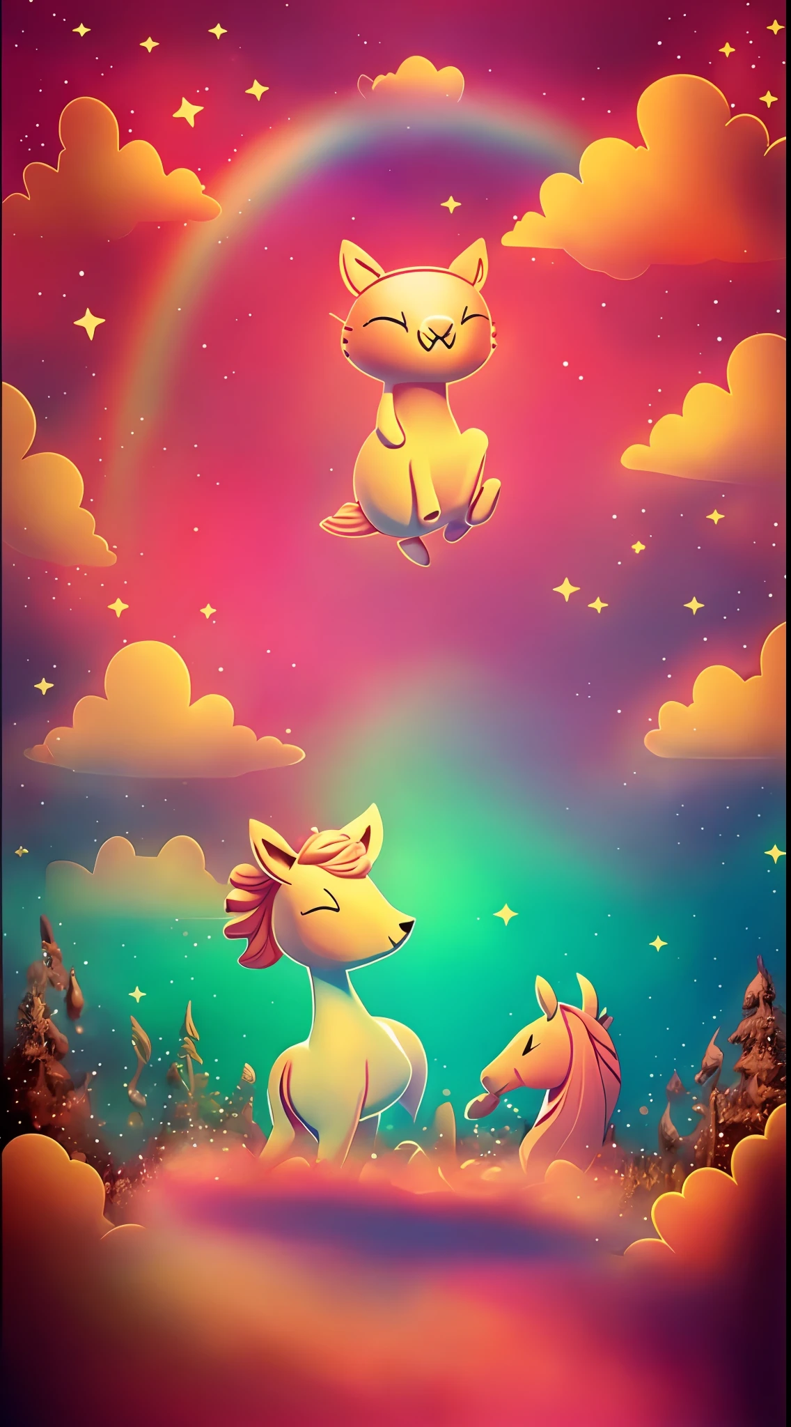 young man in an enchanted forest in a pink world, when he suddenly sees a horse coming from the sky in the color of a rainbow