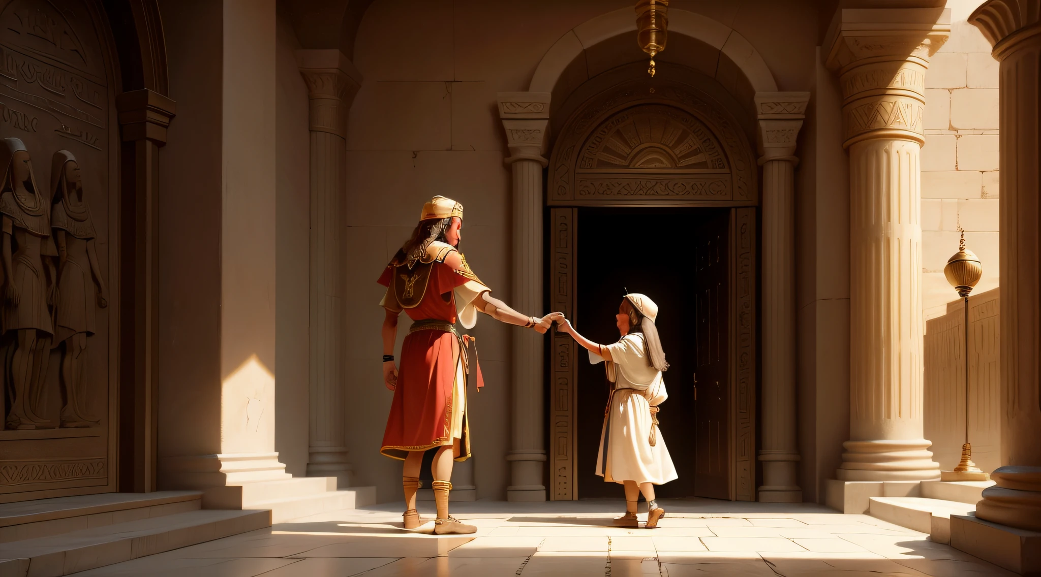 Child Moses being welcomed by the pharaoh's daughter into the palace, in biblical times