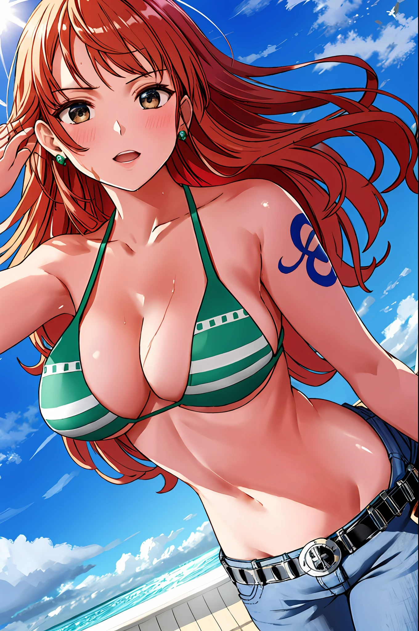 detailed background, masterpiece, 4k, best quality, late youth, adult, wrestler body, 1girl, active, energic, uppercut, (large mouth) , solo, nami \(one piece\), 1girl, bangle, (very wet, drenched in sweat, sweat all over body, very wet hair, tired, taking breath, open mouth, hand on stomach, sweaty face, sweaty body, panting, sweating too much, shiny sweat, leaning, tilting), perfect detailed face, bold drawing lines, muscular arms, detailed bold arm lines, flat jaw, adult woman, wavy wide streaked bangs, floating bang streaks, (big cheeks), bare shoulders, off-shoulders, belt, bikini, bikini top only, blue sky, bracelet, springy breasts, breast lines, big round eyes, plain big brown shiny eyes, bubbles, high eye position, cleavage, cloud, day, denim, earrings, floating hair, shiny hair, green belt, green bikini, bold groin lines, jeans, jewelry, large breasts, log pose, long hair, looking at viewer, navel, wet hair, orange hair, pants, shoulder tattoo, sidelocks, sky, solo, standing, stomach, swimsuit, tattoo , looking at viewer, open mouth, detailed left arm, big forehead, hourglass figure, small head, toned body, wide hair, wind effect, sun effect, under the sun, narrow small ears angle, older, random poses,
