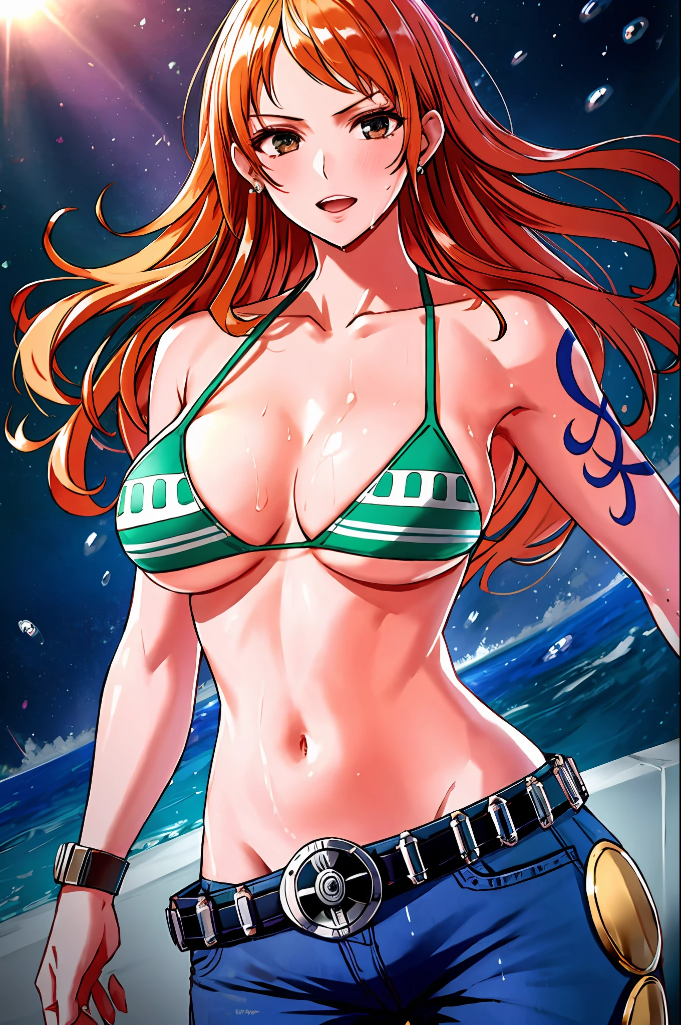 detailed background, masterpiece, 4k, best quality, late youth, adult, wrestler body, 1girl, active, energic, uppercut, (large mouth) , solo, nami \(one piece\), 1girl, bangle, (very wet, drenched in sweat, sweat all over body, very wet hair, tired, taking breath, open mouth, hand on stomach, sweaty face, sweaty body, panting, sweating too much, shiny sweat, leaning, tilting), perfect detailed face, bold drawing lines, muscular arms, detailed bold arm lines, flat jaw, adult woman, wavy wide streaked bangs, floating bang streaks, (big cheeks), bare shoulders, off-shoulders, belt, bikini, bikini top only, blue sky, bracelet, springy breasts, breast lines, big round eyes, plain big brown shiny eyes, bubbles, high eye position, cleavage, cloud, day, denim, earrings, floating hair, shiny hair, green belt, green bikini, bold groin lines, jeans, jewelry, large breasts, log pose, long hair, looking at viewer, navel, wet hair, orange hair, pants, shoulder tattoo, sidelocks, sky, solo, standing, stomach, swimsuit, tattoo , looking at viewer, open mouth, detailed left arm, big forehead, hourglass figure, small head, toned body, wide hair, wind effect, sun effect, under the sun, narrow small ears angle, older, random poses,