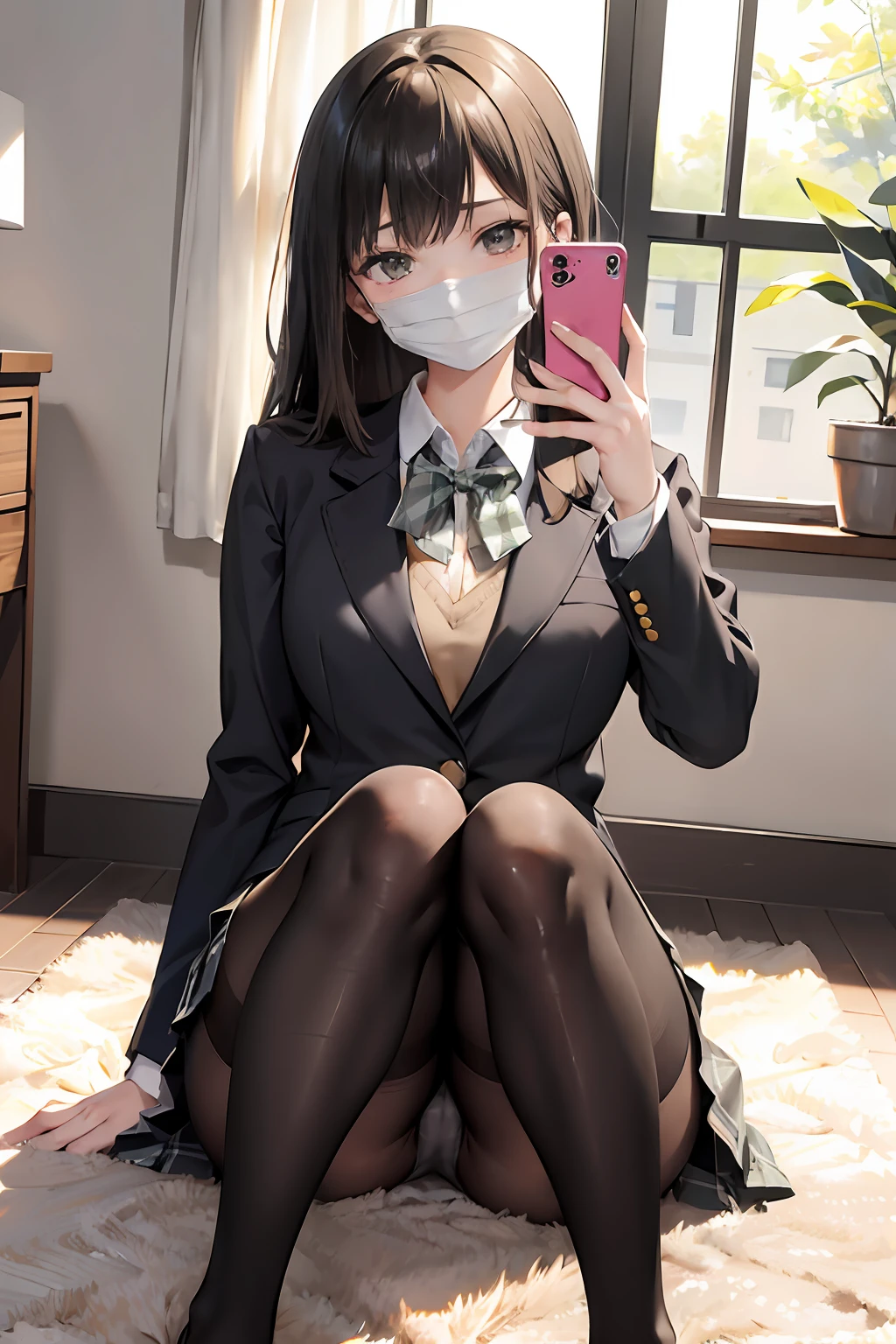 Female Masturbation Fingering、selfie photo、hi-school girl、Take a selfie in the mirror、sitting down on the floor、Sit with your knees raised、M-shaped legs、Open your crotch、spread legswide、panties on、Cameltoe、On a rug mat、brownish hair、(Black mask)、校服、(Brown blazer)、Ribbon Ties、(Green and gray plaid skirt)、(Black tights)、​masterpiece、highcontrast、cinematlic lighting、Detailed shading、top-quality、Top image quality