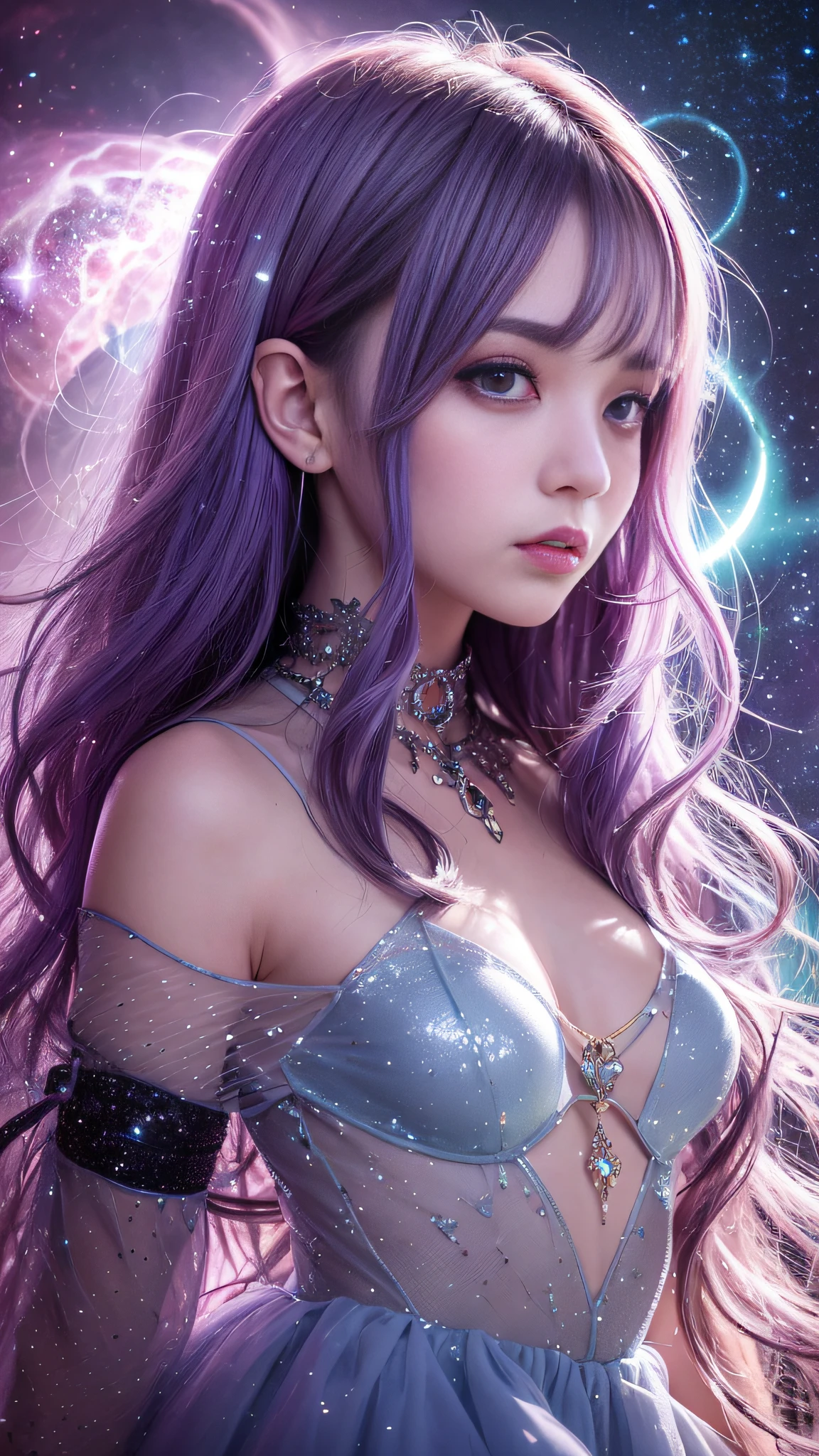 Background: Mysterious quantum environment, Cosmic elements and ethereal atmosphere,A mix of bright lights and colorful nebulae. Theme: A mysterious girl with a magical aura. She has long, Colorful wavy curls, The shiny hair stands out. His eyes are deep and expressive, Reflection Universe. She wore a flowing dress in purple and blue, With intricate details and mysterious textures. Color Palette: A combination of mysterious shades such as cosmic purple, Sky blue, Soft pink and a touch of gold. Create contrasts, Increase depth, Dark color, Such as dark purple or night blue. Aesthetics: The aesthetic combines elements of Mistycore, Known for its mysterious and ethereal atmosphere, and crystal cores, With its crystal clarity and sparkling details. The girl exudes magical energy,Her presence hangs over her,mesmerising. Covered with: Keep subtle glowing effects and glitter overlays around the girl, Covered with: Add a soft glow effect around the girl and crystal, It seems to exude magic. Also, Add small details of flash,Enhance the ethereal atmosphere.