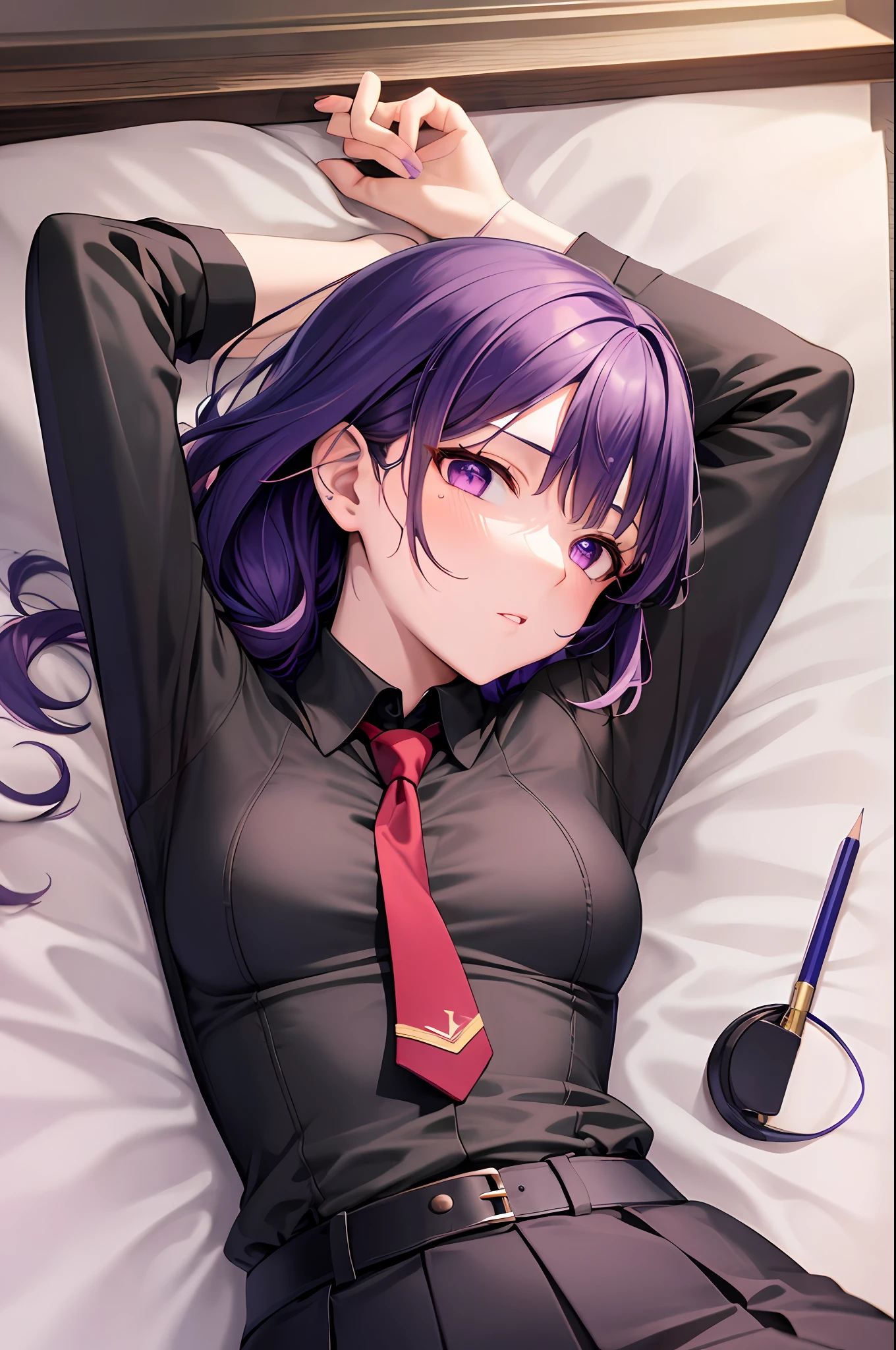 1, black shirt,purple hair, double hair, red necktie, lying,on back,bed,arms up,military uniform,small breasts, pencil skirt,masterpiece, highres, best quality