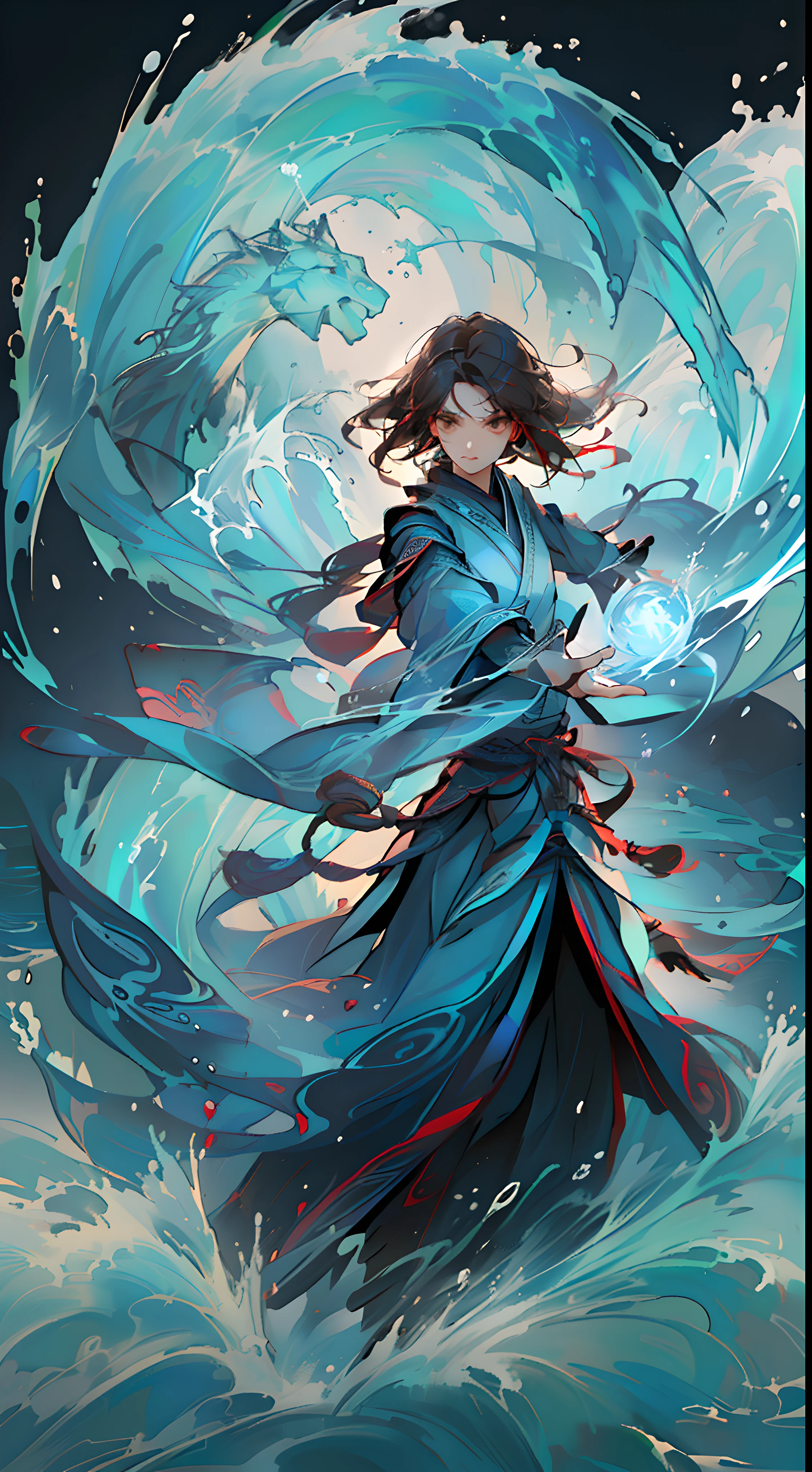 Kizi,full bodyesbian,(Face details:1.2),Hair with a rainbow gradient,tmasterpiece,Fashionab,Hanfu,Red Luo skirt,mid hair,brunette color hair,dual horsetail,Qi bangs,Brown eyes,((Imperial water)),Control the flow of water,boil away,rage,Tear stains,Lightning intertwined background,Background bokeh,hyper-detailing,high qulity,Water balls intertwined in hands,Spin spiral pellets