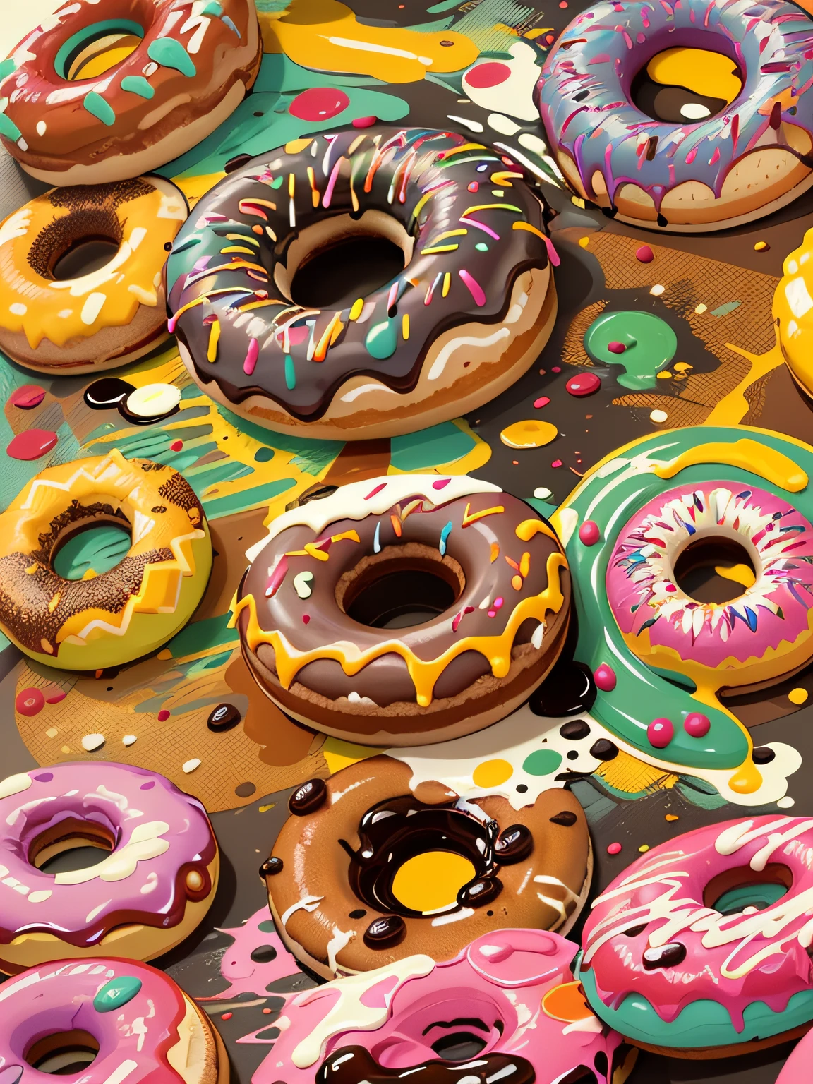 vector art, Colorful graffiti illustration delicious mouthwatering donut, in the center, Bright colors, paint splashes and blots, high detail, whitebackground