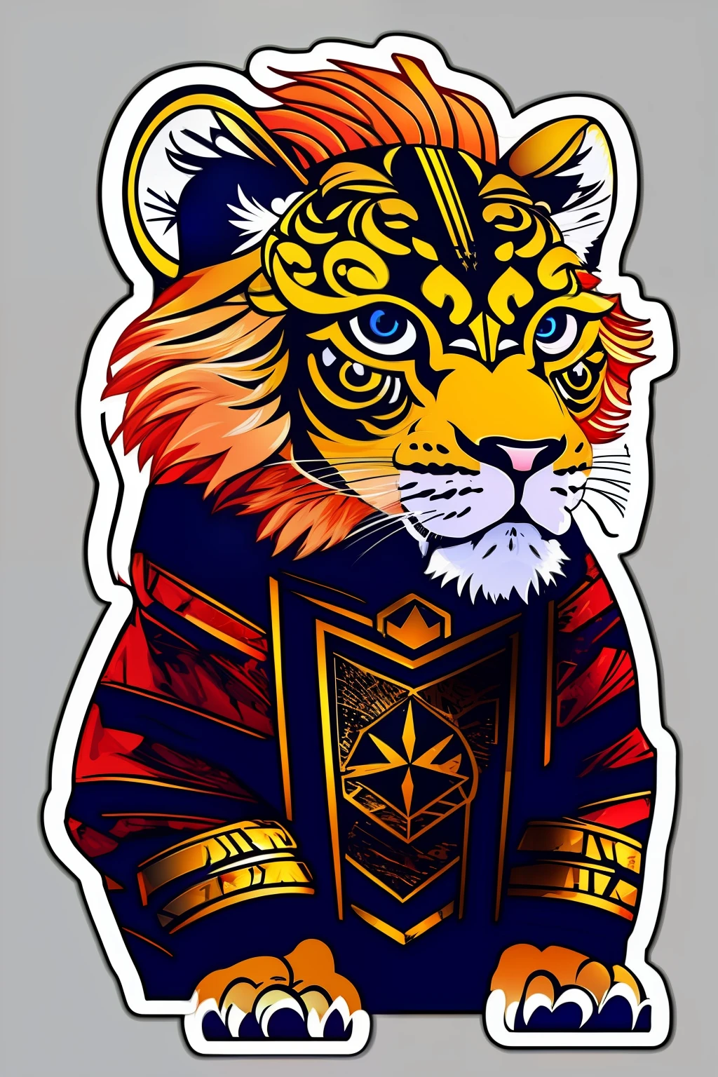((stickers)),white background,simple background,concept art,sots art, A cute Kawaii tiny hyper realistic baby lion, wearing hip hop clothes,   cinematic lighting