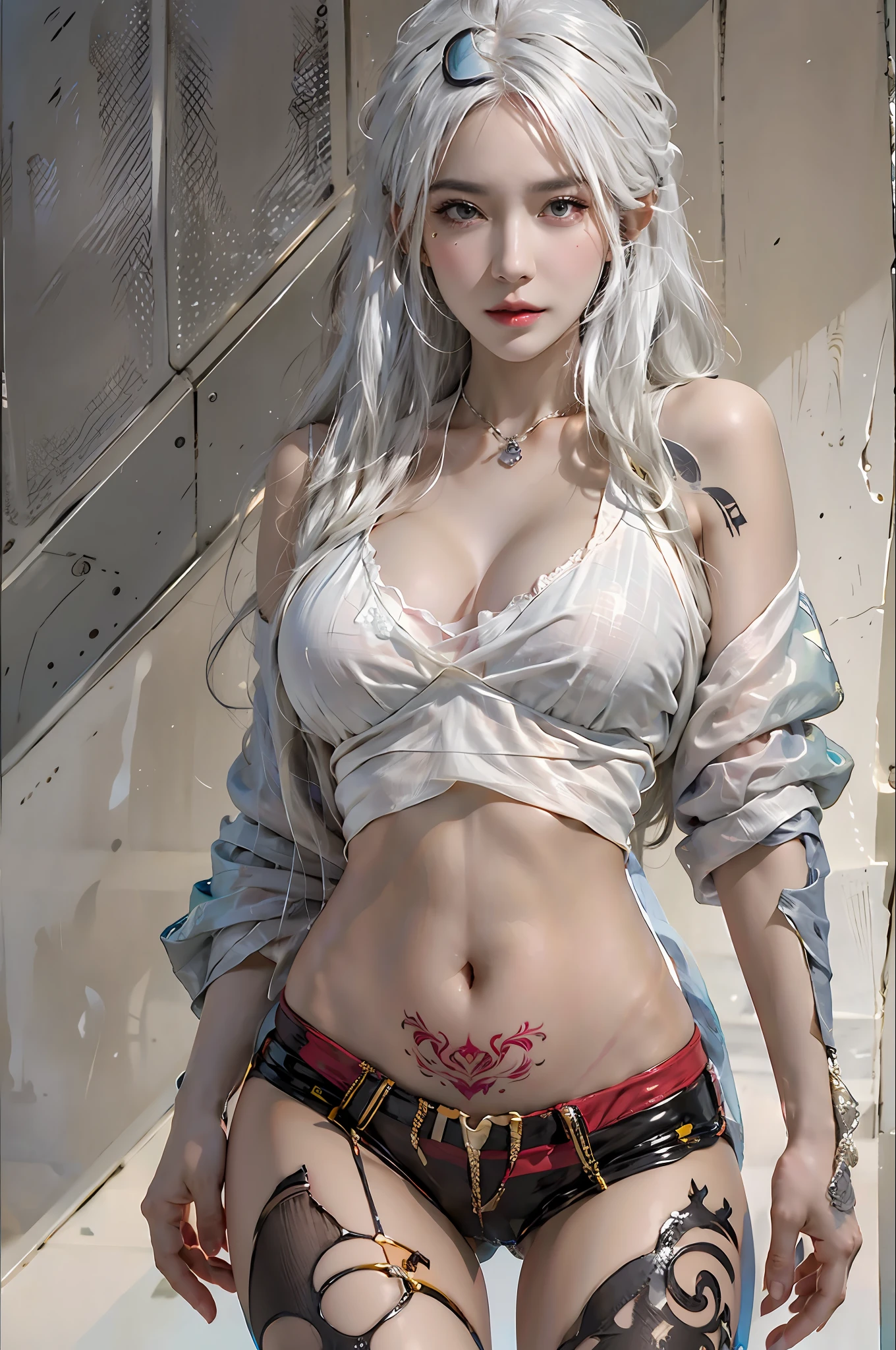 photorealistic, high resolution, 1women, solo, hips up, look at viewer, (detailed face), white hair, long hair, medium breasts, one tattoo on crotch