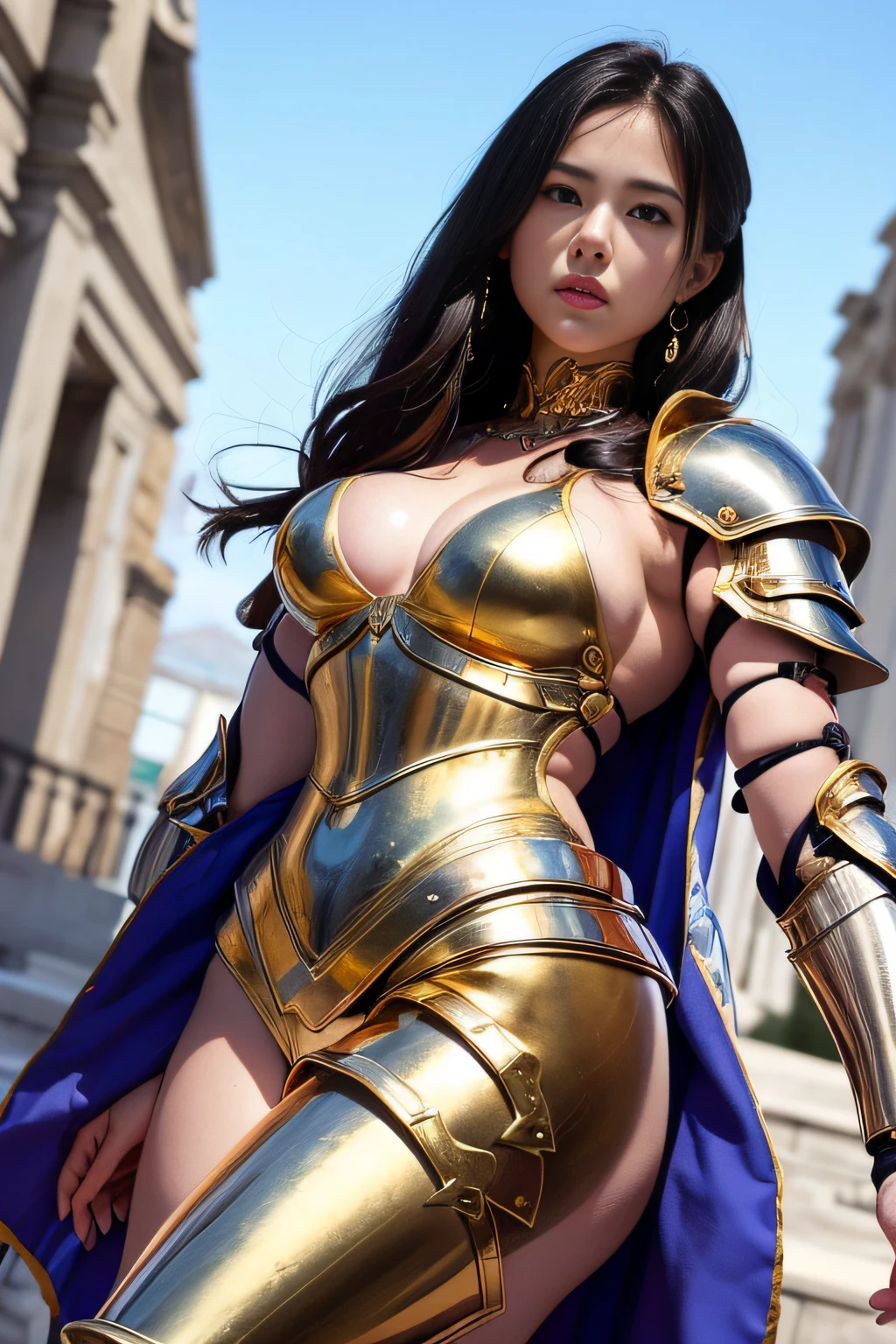 (8K、top-quality:1.2)、(masuter piece:1.37)、(a picture、Photorealsitic:1.5)、(超A high resolution)、独奏、femele、FULL BODYSHOT、Officers of the ancient army、Being at the forefront of the battle、Walking Pose、shot from front、(Wearing golden armor all over his body:1.2)、(Armor with ornate decoration)、(Highly detailed and shiny armor:1.5)、top-quality、concept-art、4K、(analogue:1.2)、(High clarity) )、(Detailed pupils:1.1)、Clean face、detailed faces and eyes、masterpiece、top-quality、(extremely detailed photo:1.1)、(long brown hair、Curled Hair、20yr old、tense look、Focused、(Perfect body:1.1)、perfectly proportions、breasts of normal size,、big breasts thin waist、Tight abs、Enhanced buttocks、Trained thighs、(a temple background:1.2)、(By Michelangelo)、Shot with Canan EOS R6、35 mm、1/1250s、F/2.8、ISO 400、