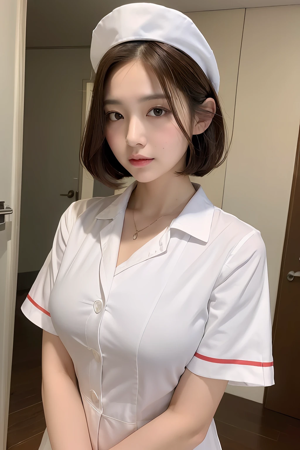 (Best quality, 8k, 32k, Masterpiece, UHD:1.2),Photo of Pretty Japanese woman, 1girl, (medium-short dark brown hair), (large breasts), double eyelid, White nurse uniform, small white nurse (cap), white shirt, open shirt, hospital, patient's room, upper body, sexy