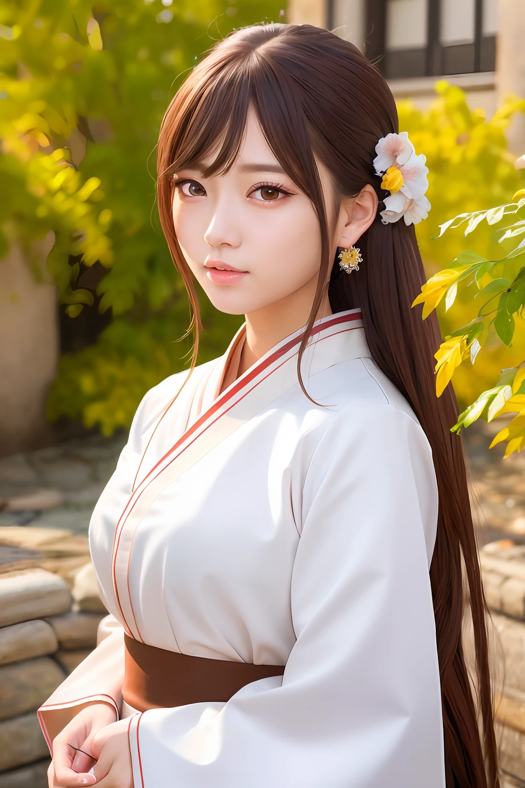 masterpiece,high quality,high-definition,extremely detailed,1girl, detailed eyes, detailed face, upper body, breast,brown eyes,hanfu,white dress,