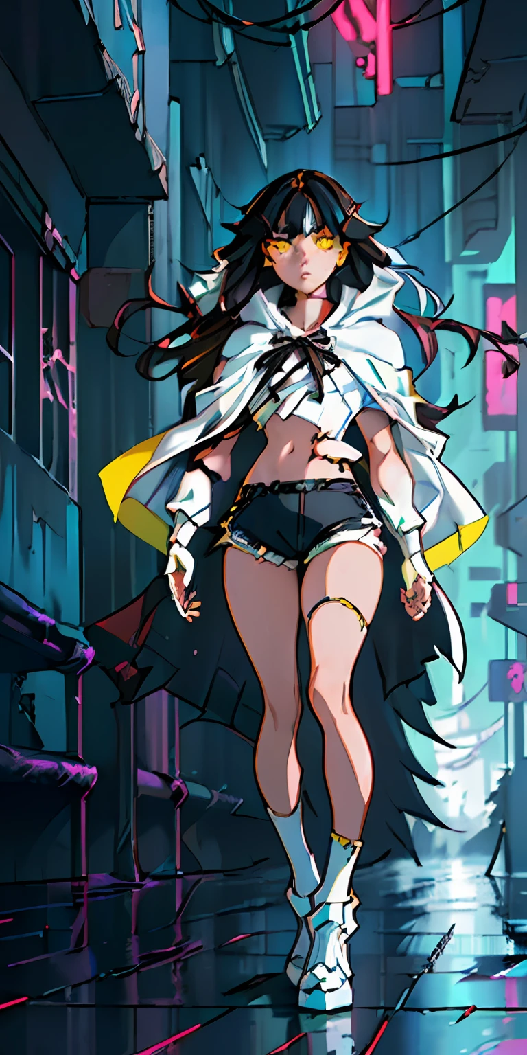 (beste-Qualit, tmasterpiece:1.3), ciberpunk, neon lights, a 1girl, ((hairlong, dark colored hair, Yellow eyes, stands, white cloak, White cyberpunk clothes, Short shorts)) rainy daytime, mist, alleyway, , looks at the viewer,