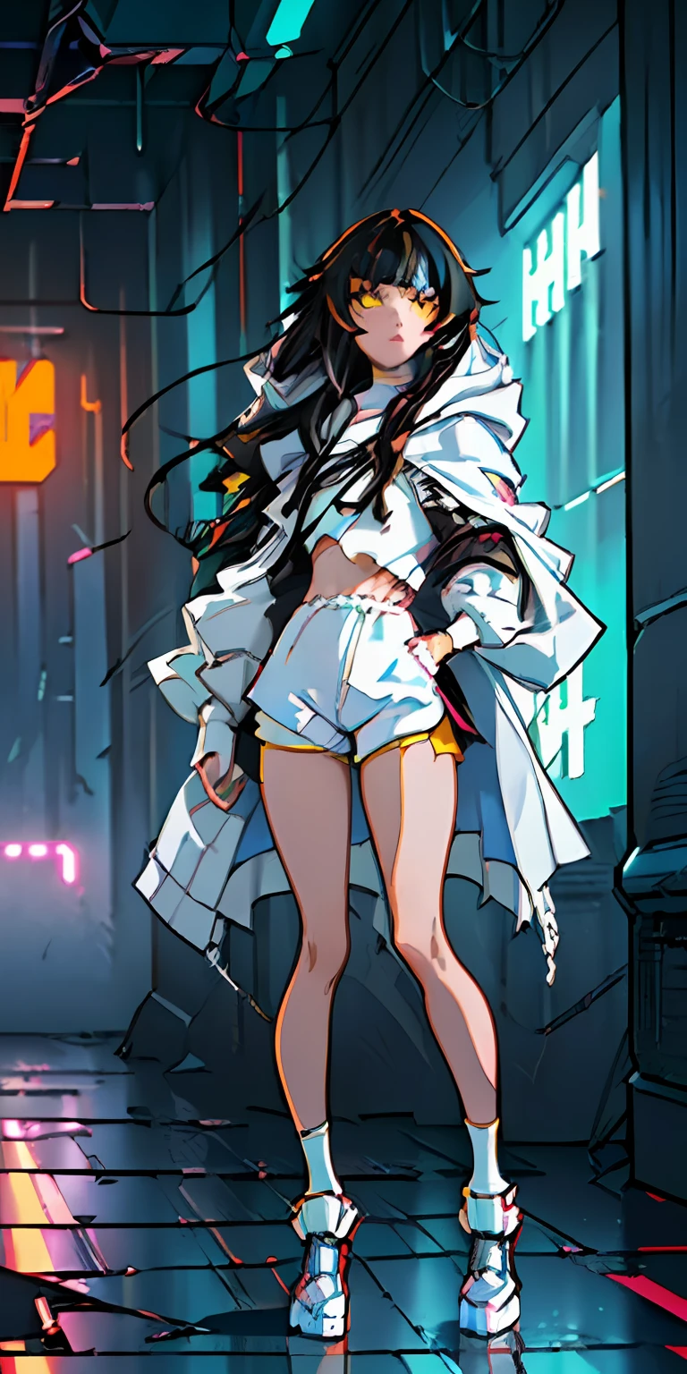 (beste-Qualit, tmasterpiece:1.3), ciberpunk, neon lights, a 1girl, ((hairlong, dark colored hair, Yellow eyes, stands, white cloak, White cyberpunk clothes, Short shorts)) rainy daytime, mist, alleyway, , looks at the viewer,