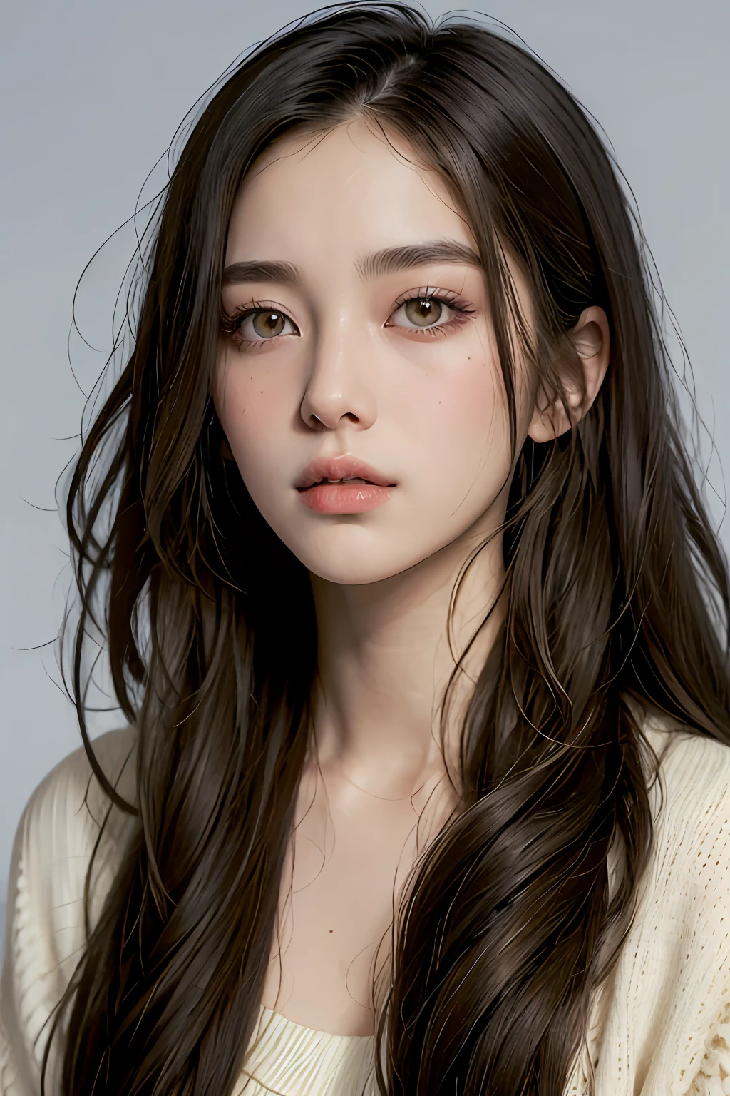 One eyebrow,natural color,Apricot eyes,tall nose bridge,Moon lips,long whitr hair,Gloomy contrast,Raised sexy