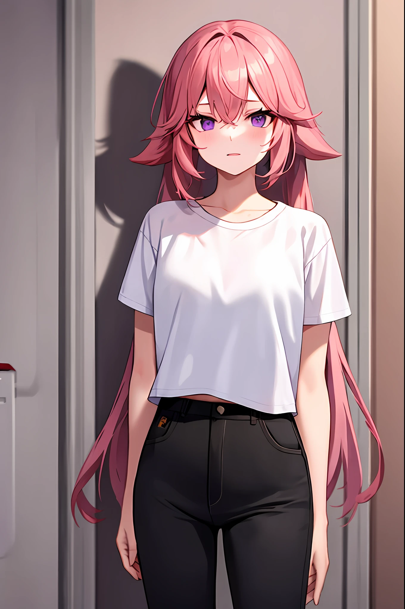 Solo, pink hair, purple eyes, wearing a thin white t-shirt, standing, pants in black, two connective hair, best quality