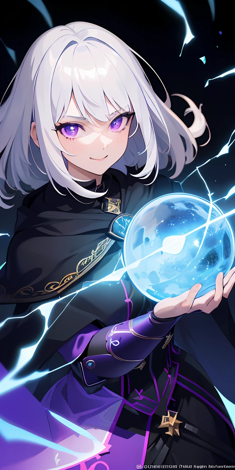 (masterpiece, best quality, ultra-detailed, best shadow), (detailed background,dark fantasy), (beautiful detailed face), high contrast, (best illumination, an extremely delicate and beautiful), ((cinematic light)), colorful, hyper detail, dramatic light, intricate details, (1girl, solo,white hair, sharp face,purple eyes, hair between eyes,dynamic angle), swirling black light around the character, depth of field,black light particles,(broken glass),magic circle, smiling, wearing cloak, high detail, wielding lightning bolt,