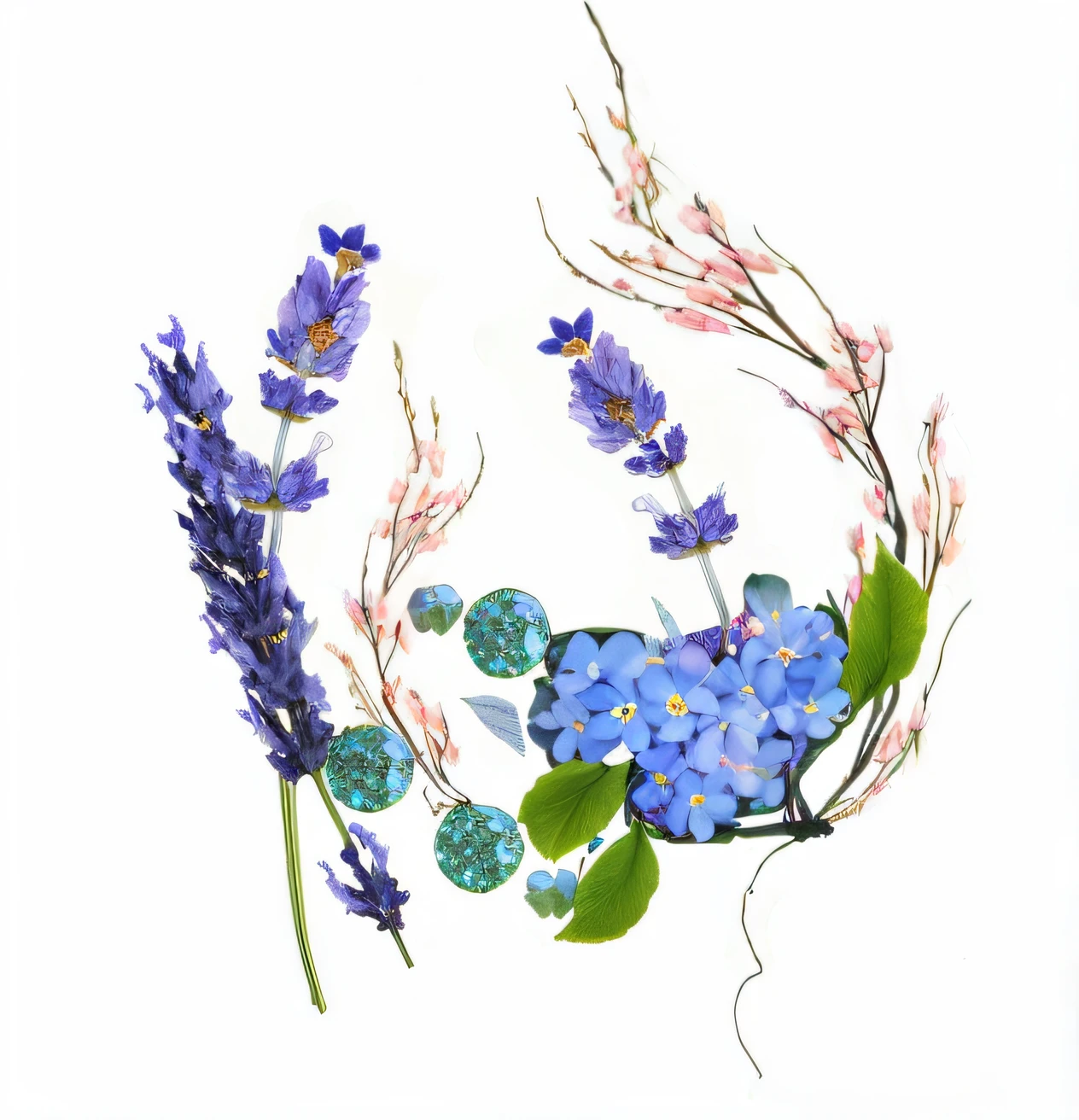 there is a picture of a blue flower arrangement with leaves and flowers, made of colorful dried flowers, blue and purple plants, blue flowers accents, by Maki Haku, made of flowers and leaves, herbs and flowers, crown of blue flowers, made of flowers and berries, flowers and stems, made of dried flowers, floral renewal, made of wildflowers, lavender flowers