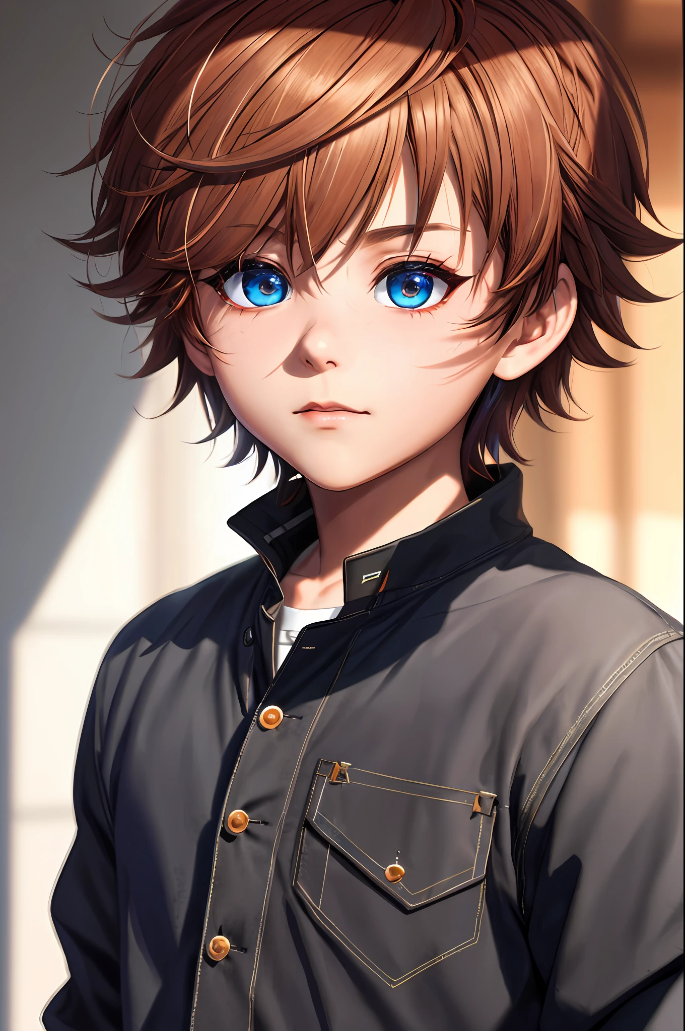 intense shadows, strong rim light, masterpiece,best quality,official art,extremely detailed CG unity 8k wallpaper, game_cg, artbook, crossover, absurdres, incredibly_absurdres, huge_filesize, album, (1boy:1.4), solo, bishounen, short hair, brown hair, alternate hair color, colored inner hair, ahoge, beautiful detailed eyes