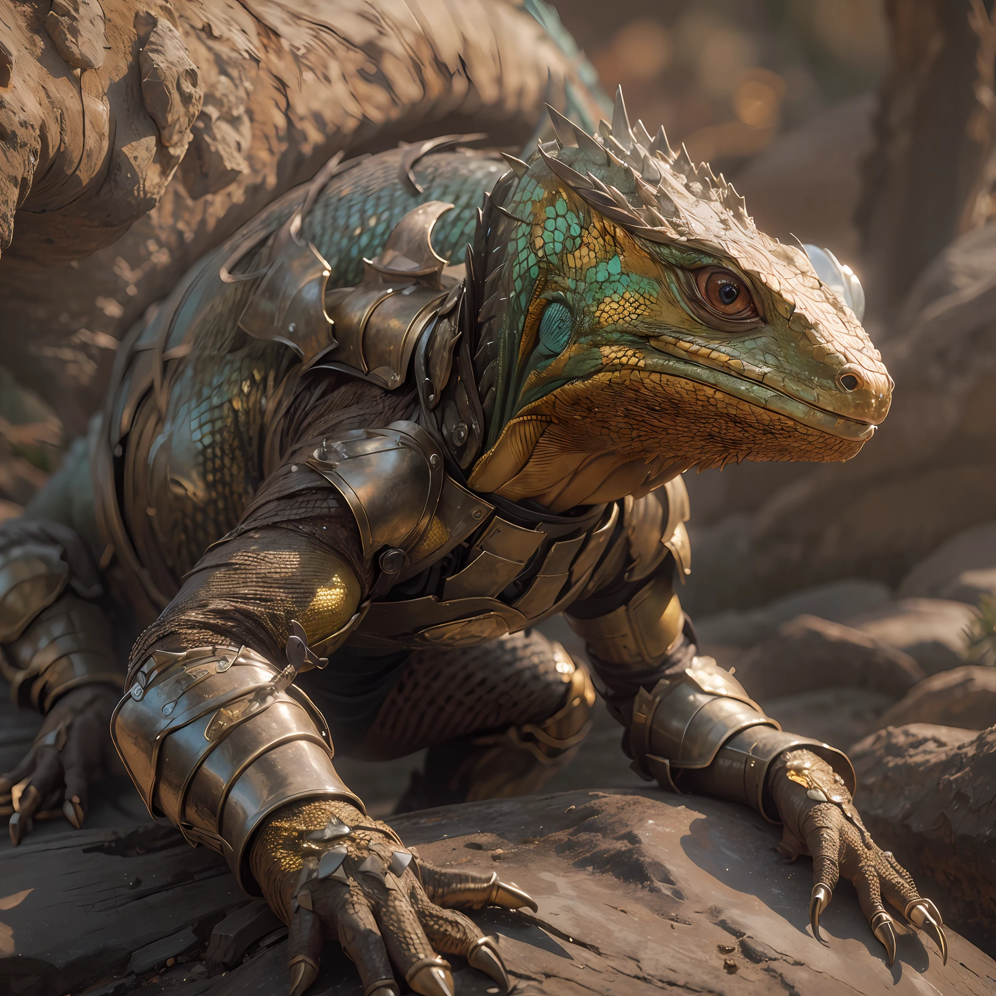 (masuter piece:1.3)、(8K、Photorealsitic、Raw photography、top-quality: 1.4)、超A high resolution、A hyper-realistic、high-detail、the golden ratio、Iron Lizard、Lizard in iron armor、lizard、1animal、The background is rocky