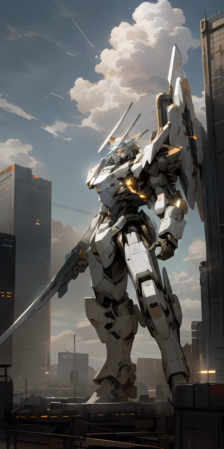sky, cloud, holding_weapon, no_humans, glowing, , robot, building, glowing_eyes, mecha, science_fiction, city, realistic,mecha, high detail, silver amd gold, holding shield,