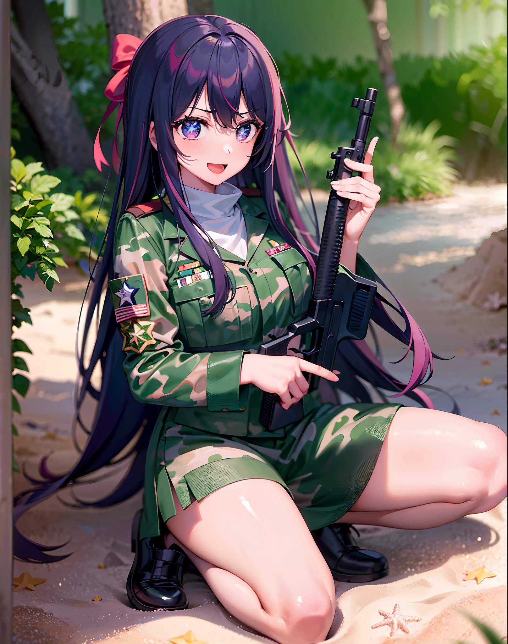 1 girl，（（There is a five-pointed star in the eye））Gorgeous Hair in Long Purple，Green camouflage uniform，army suit，Take an AK47 rifle，sandbeach，navy，AK47 gun，Behind the tree，Smile ，Open mouth