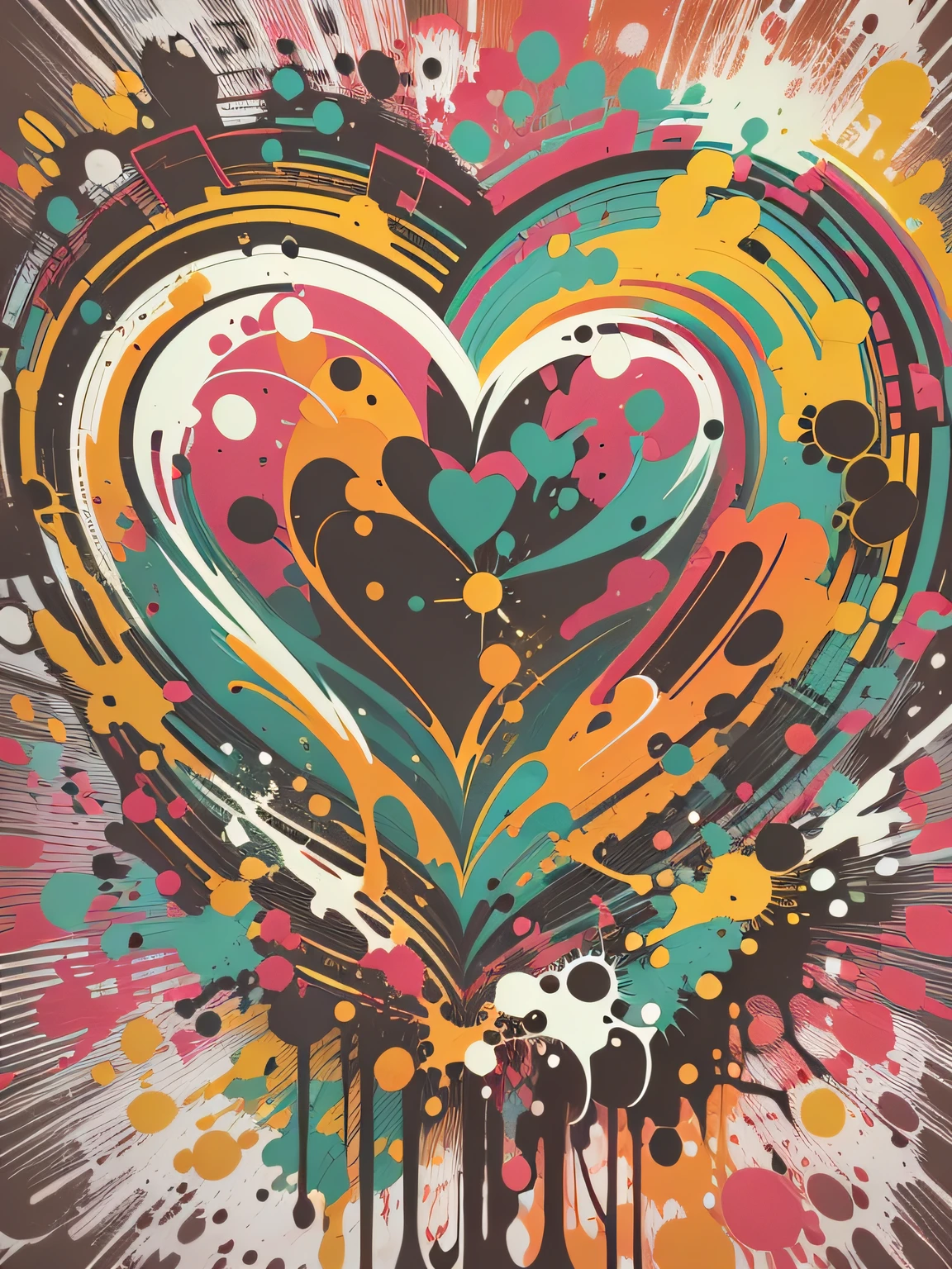 vector art, Colorful illustration with graffiti heart, in the center, Bright colors, paint splashes and blots, high detail, whitebackground
