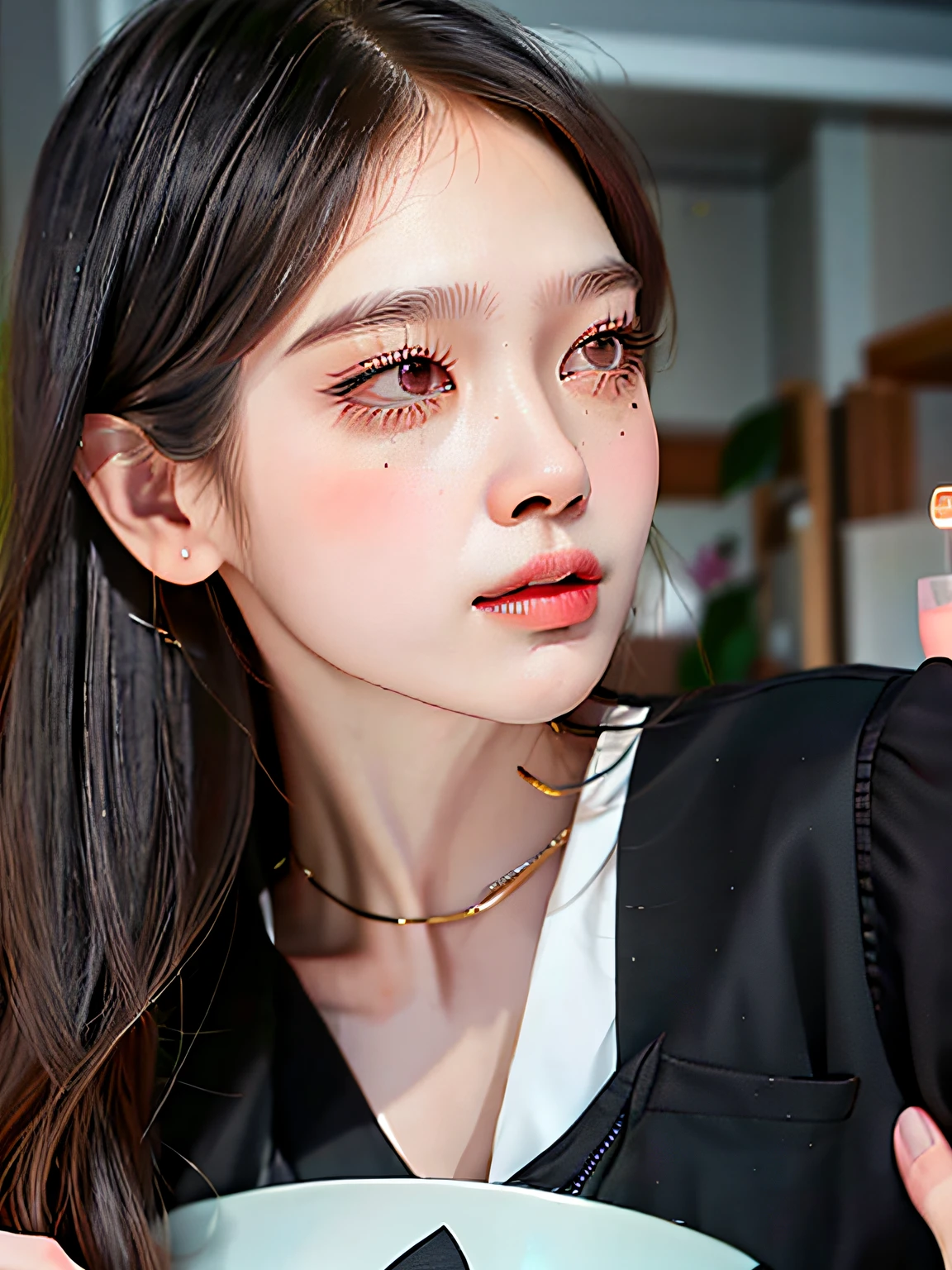 There was a woman sitting at the table，Hold a drink and a straw, xintong chen, with a pointed chin, Pointed chin, slightly round chin, wenfei ye, soft eyes and narrow chin, yanjun cheng, Narrow nose, Lin Qifeng, 2 , wenjun lin, Thin pointed chin, Yun Ling, 2 7 years old