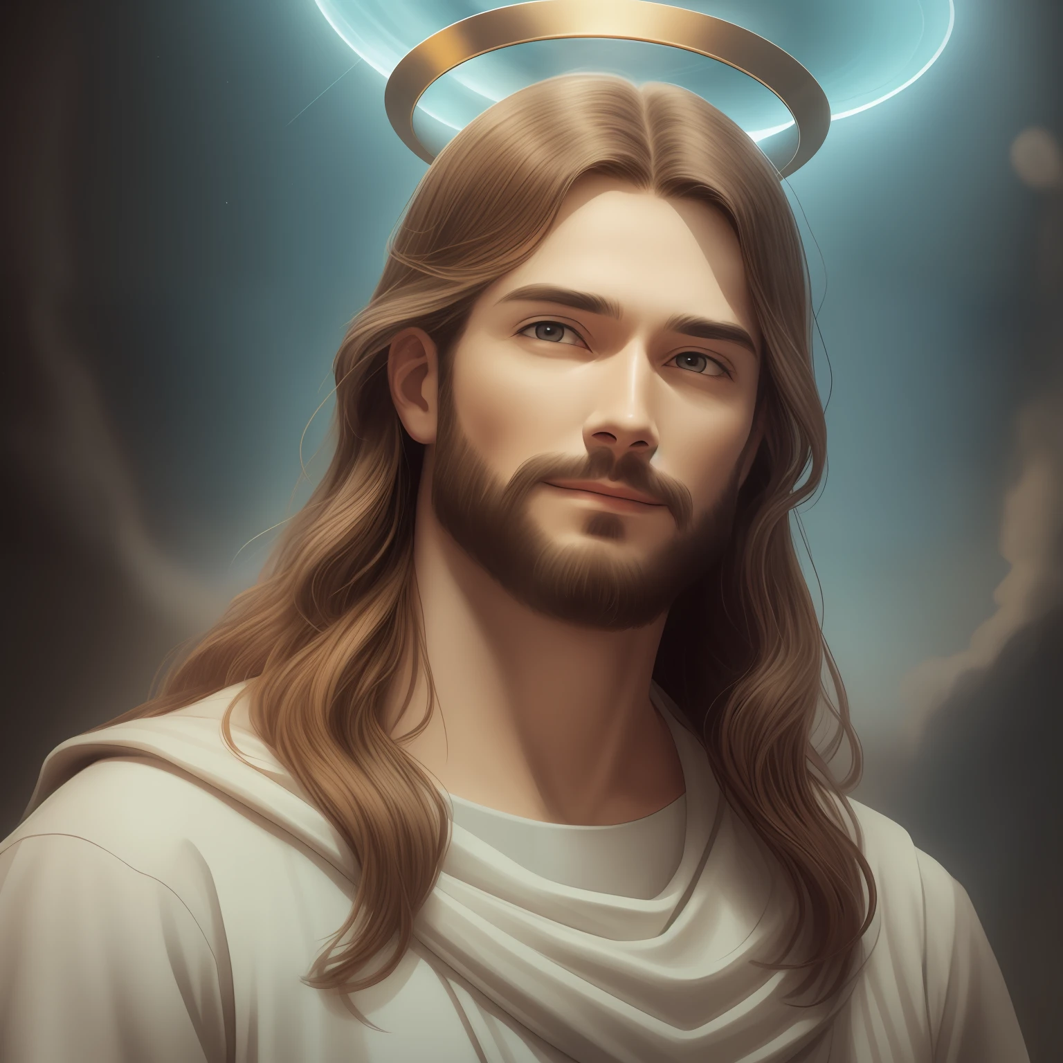 a 3D Realistic of jesus with a halo in the sky, jesus christ, smiling in heaven, portrait of jesus christ, jesus face, 33 young almighty god, portrait of a heavenly god, greg olsen, gigachad jesus, jesus of nazareth, jesus, the face of god, god looking at me, he is greeting you warmly, he is happy, avatar image