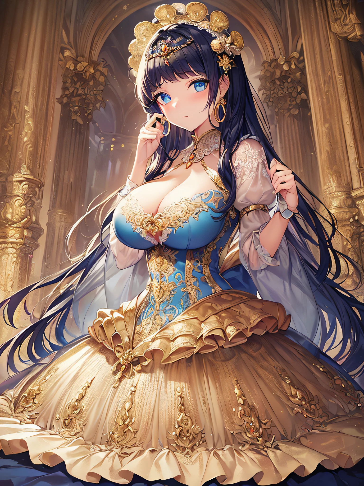 ((anime artstyle)),(Masterpiece),(Best Quality), (Super Detail),((Very Delicate and Beautiful)),((Solo)),((full body)),((1 princess in gorgeousfull rococo dress)),detailed face and eyes,jewel-like eyes,((voluminous Very Long Straight Hair)),((gigantic tits,Long tits)),skindentation,((gorgeousfull embroidery and lace)),gorgeous corsage,See-through,gorgeousfull hair ornament,gorgeousfull glitter jeweled tiara,ornate ruffles,((full body)),((hoop skirt,crinoline)),Dynamic Angle,Looking at viewer,(((gorgeous embroidery gorgeousfull rococo dress)),full body