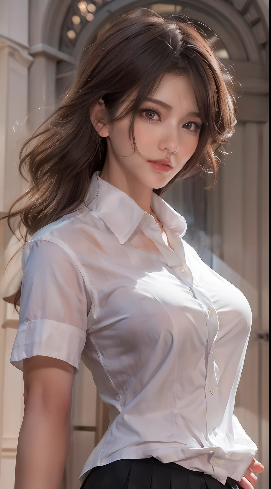 (Best quality, High resolution, Masterpiece :1.3), A tall and pretty woman, Slender abs, Dark brown hair styled in loose waves, Breasts, White button up shirt, Black pleated skirt, (Modern architecture in background), Details exquisitely rendered in the face and skin texture, Detailed eyes, Double eyelid