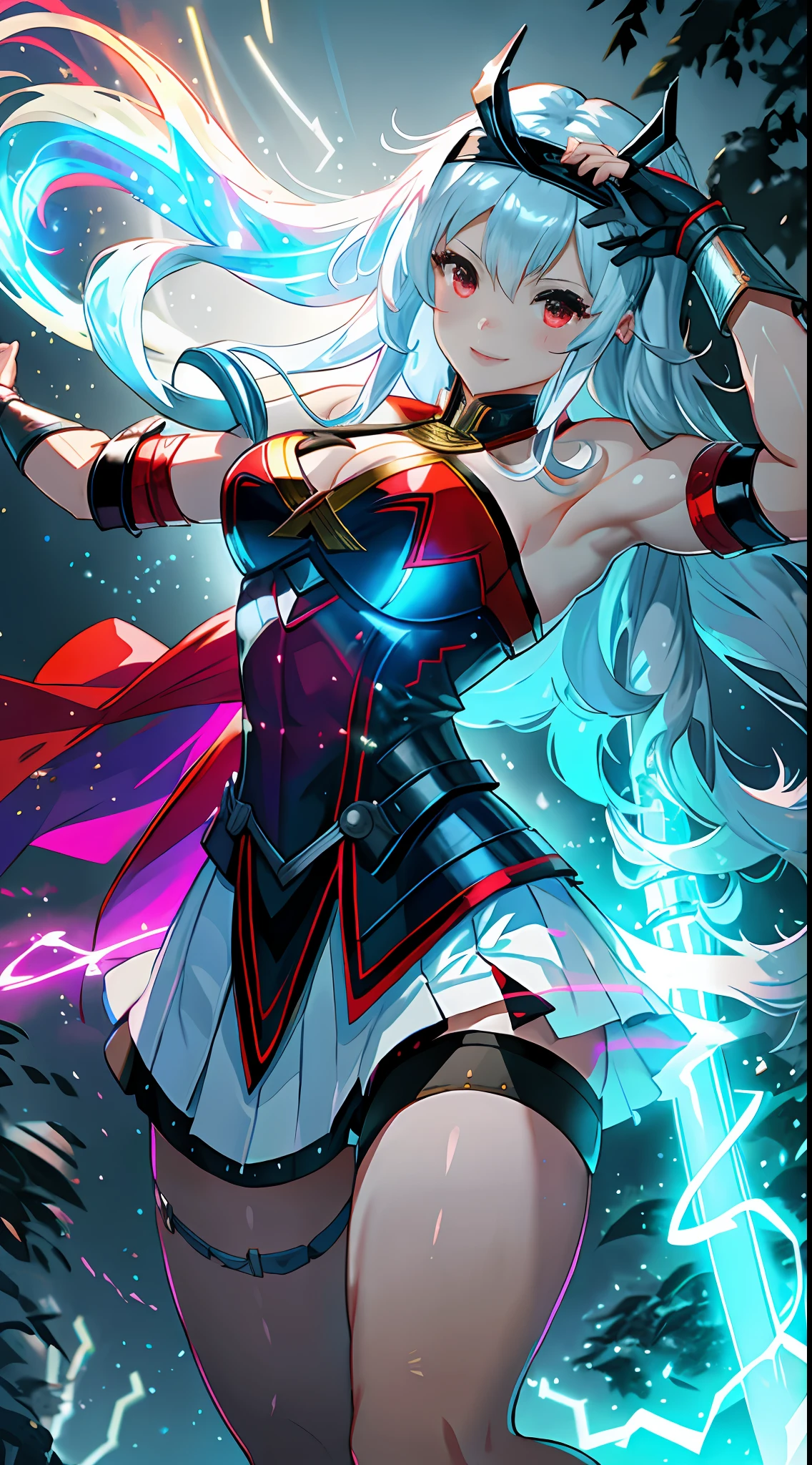 A female Thor wields Mjolnir, beauitful face,Oriental face,(Oriental face)rainbow hair, long hair, messy hair, hairband, glowing eyes, pupils sparkling, seductive smile, shy, tsundere,high detal,high qulity,busty figure,Large breasts,Large breasts,Wear an armor-style top,Wear a short skirt in the style of armor,Red cape,blue lightning,salama,Blue light effect,Cinematic lighting, Motion blur, Sparkle, High details, High quality