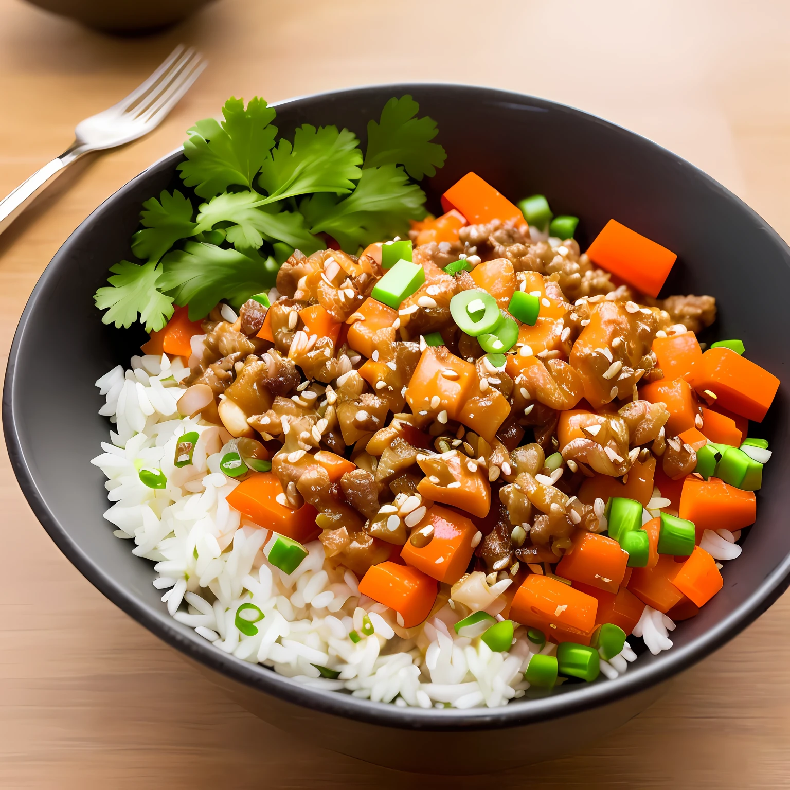 photography of,high qulity,A high resolution,Stainless steel rice bowl,Crushed pods,minced meat,Cut the radish into small cubes,cereals,cooked rice,Small cubes of carrots,