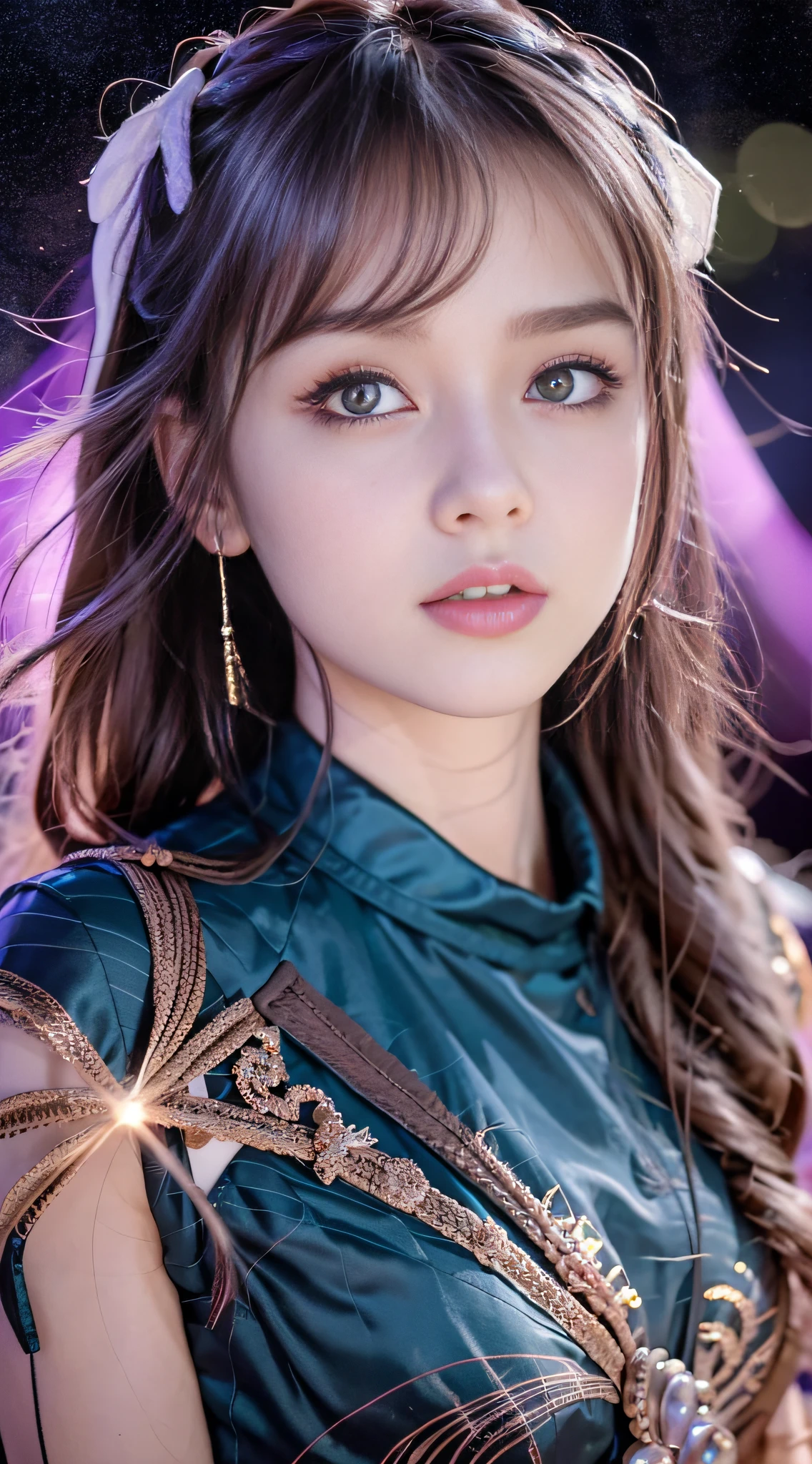 Background: Mysterious quantum environment, Cosmic elements and ethereal atmosphere，A mix of bright lights and colorful nebulae. Theme: A mysterious girl with a magical aura. She has long, Colorful wavy curls, The shiny hair stands out. His eyes are deep and expressive, Reflection Universe. She wore a flowing dress in purple and blue, With intricate details and mysterious textures. Color Palette: A combination of mysterious shades such as cosmic purple, Sky blue, Soft pink and a touch of gold. Create contrasts, Increase depth, Dark color, Such as dark purple or night blue. Aesthetics: The aesthetic combines elements of Mistycore, Known for its mysterious and ethereal atmosphere, and crystal cores, With its crystal clarity and sparkling details. The girl exudes magical energy，Her presence hangs over her，mesmerising. Covered with: Keep subtle glowing effects and glitter overlays around the girl, Covered with: Add a soft glow effect around the girl and crystal, It seems to exude magic. Also, Add small details of flash，Enhance the ethereal atmosphere.