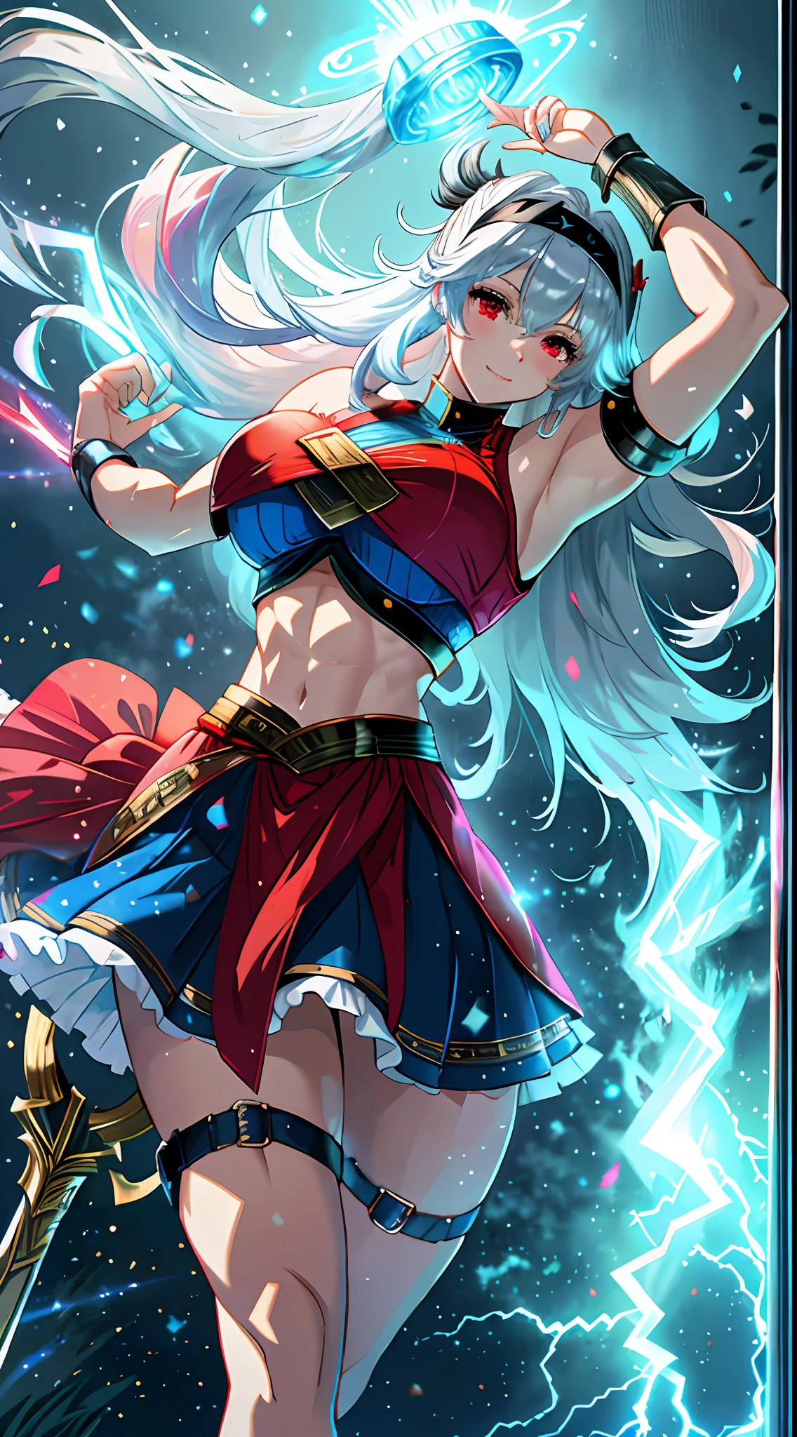 A female Thor wields Mjolnir, beauitful face,Oriental face,(Oriental face)rainbow hair, long hair, messy hair, hairband, glowing eyes, pupils sparkling, seductive smile, shy, tsundere,high detal,high qulity,busty figure,Large breasts,Large breasts,Wear an armor-style top,Wear a short skirt in the style of armor,Red cape,blue lightning,salama,Blue light effect,Cinematic lighting, Motion blur, Sparkle, High details, High quality